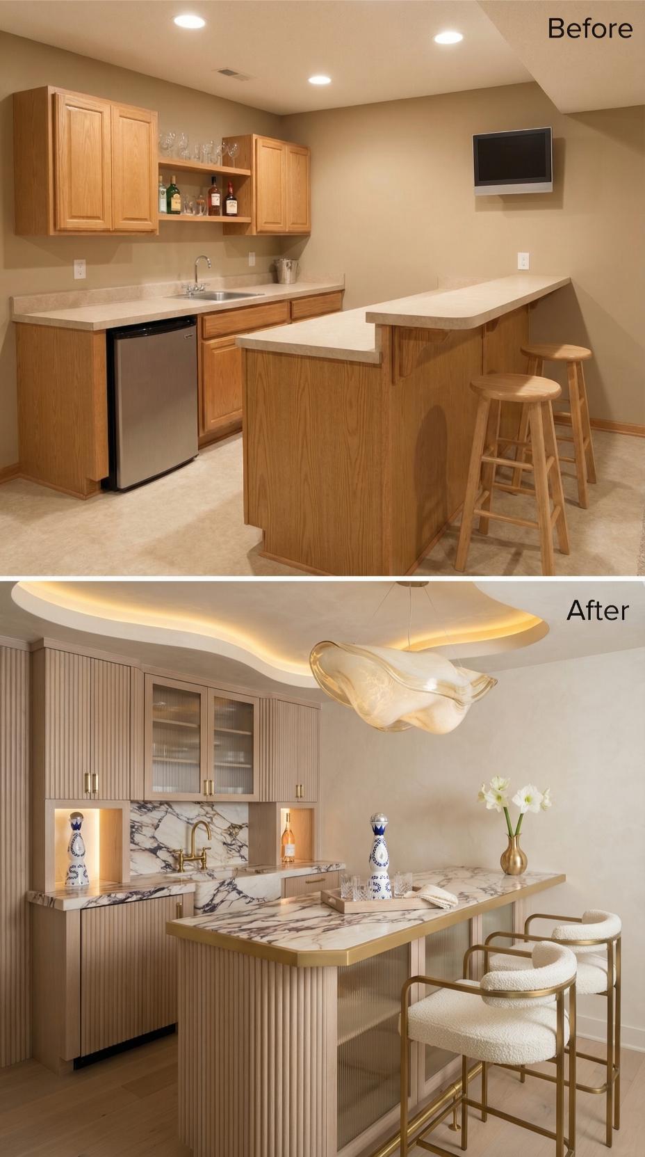 Fluted Taupe Cabinetry and Sculptural Gold Ceiling Replace Oak Bar