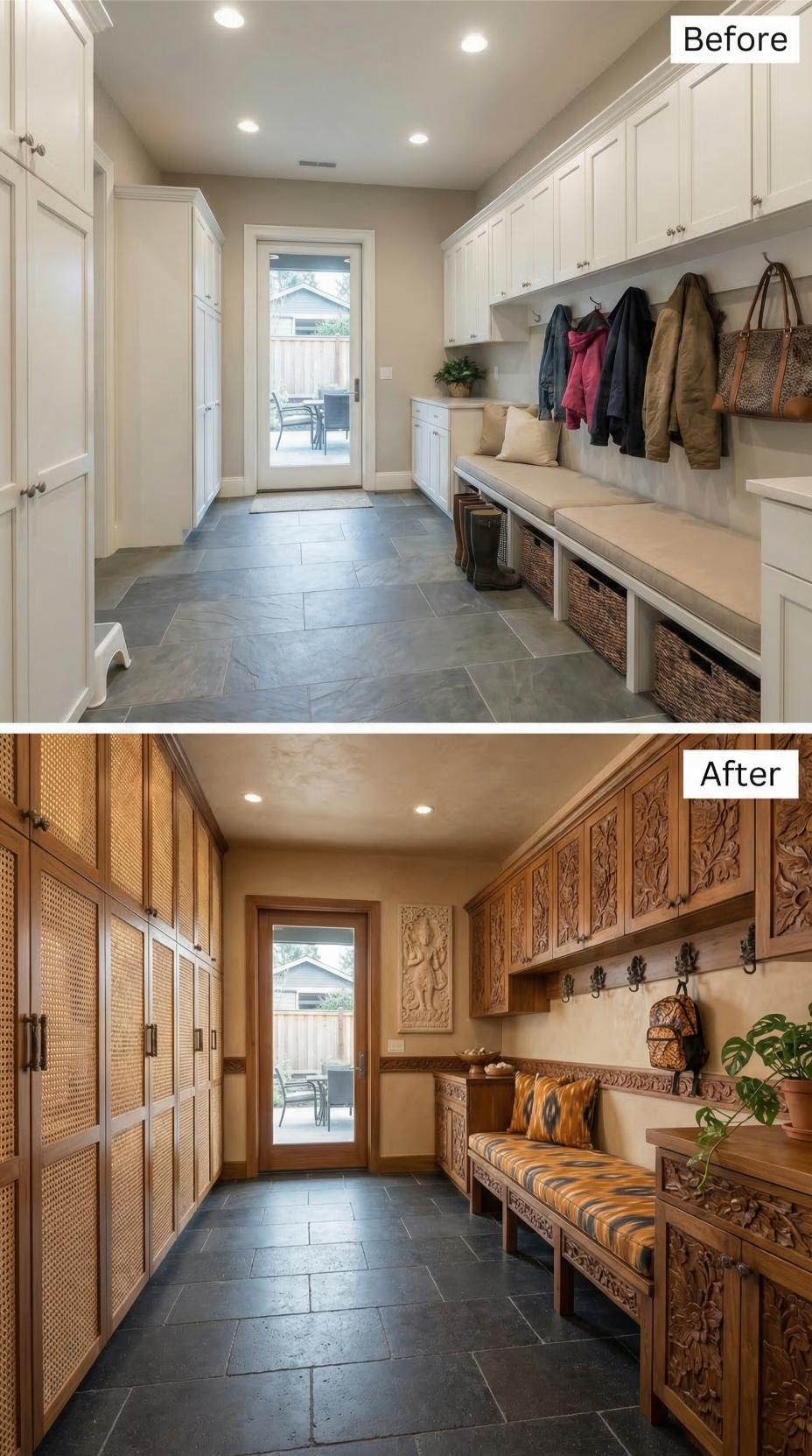 Ornate Balinese Teak Carvings and Cane Locker Doors Erase White Simplicity