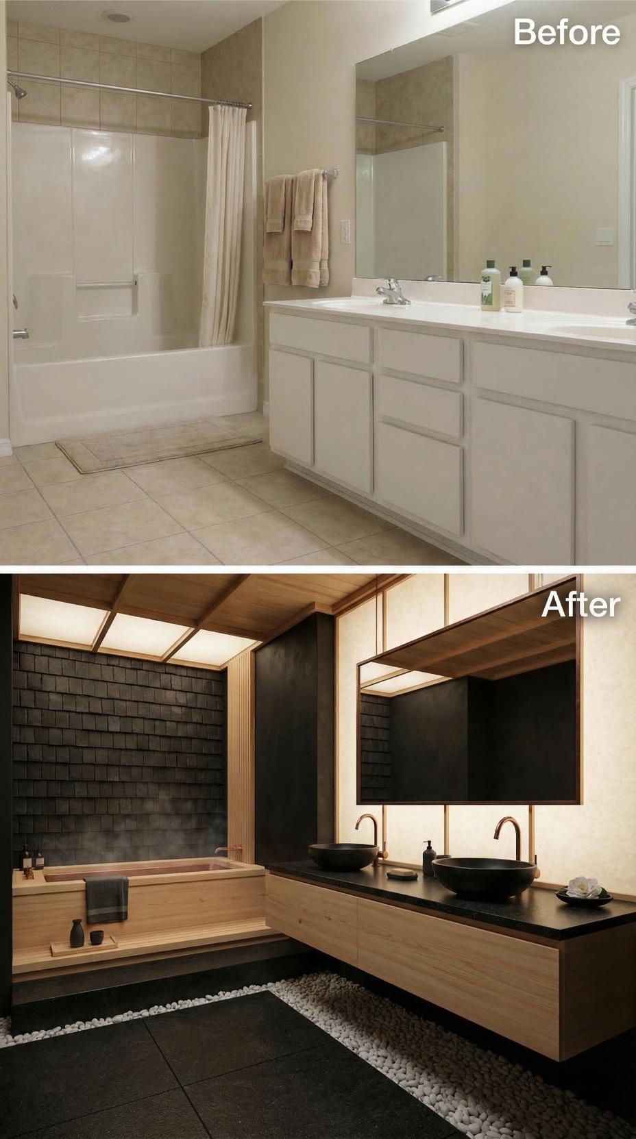 Japanese Soaking Tub and Black Zellige Tile with Floating Light Wells