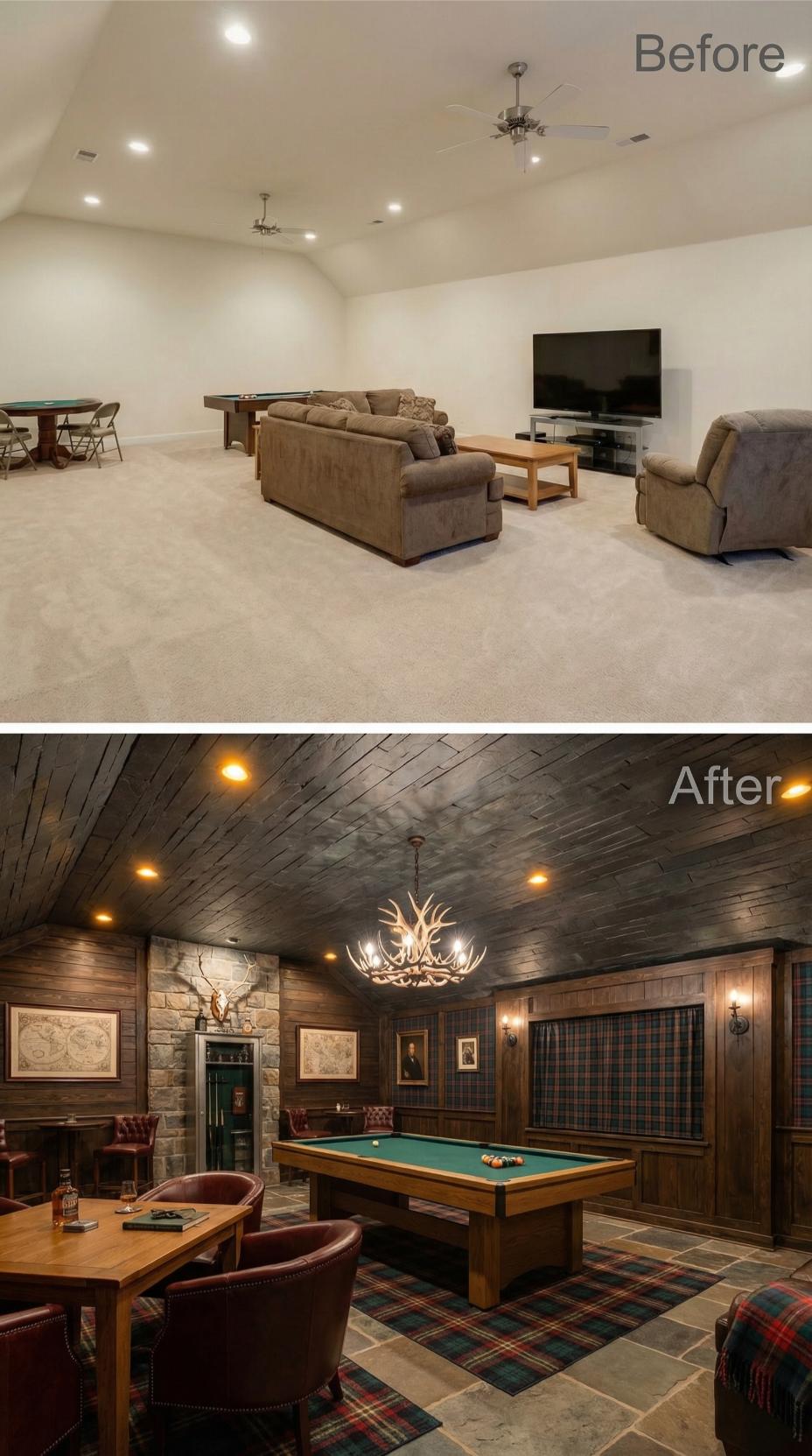 Scottish Hunting Lodge with Antler Chandelier and Plaid Carpet Inset