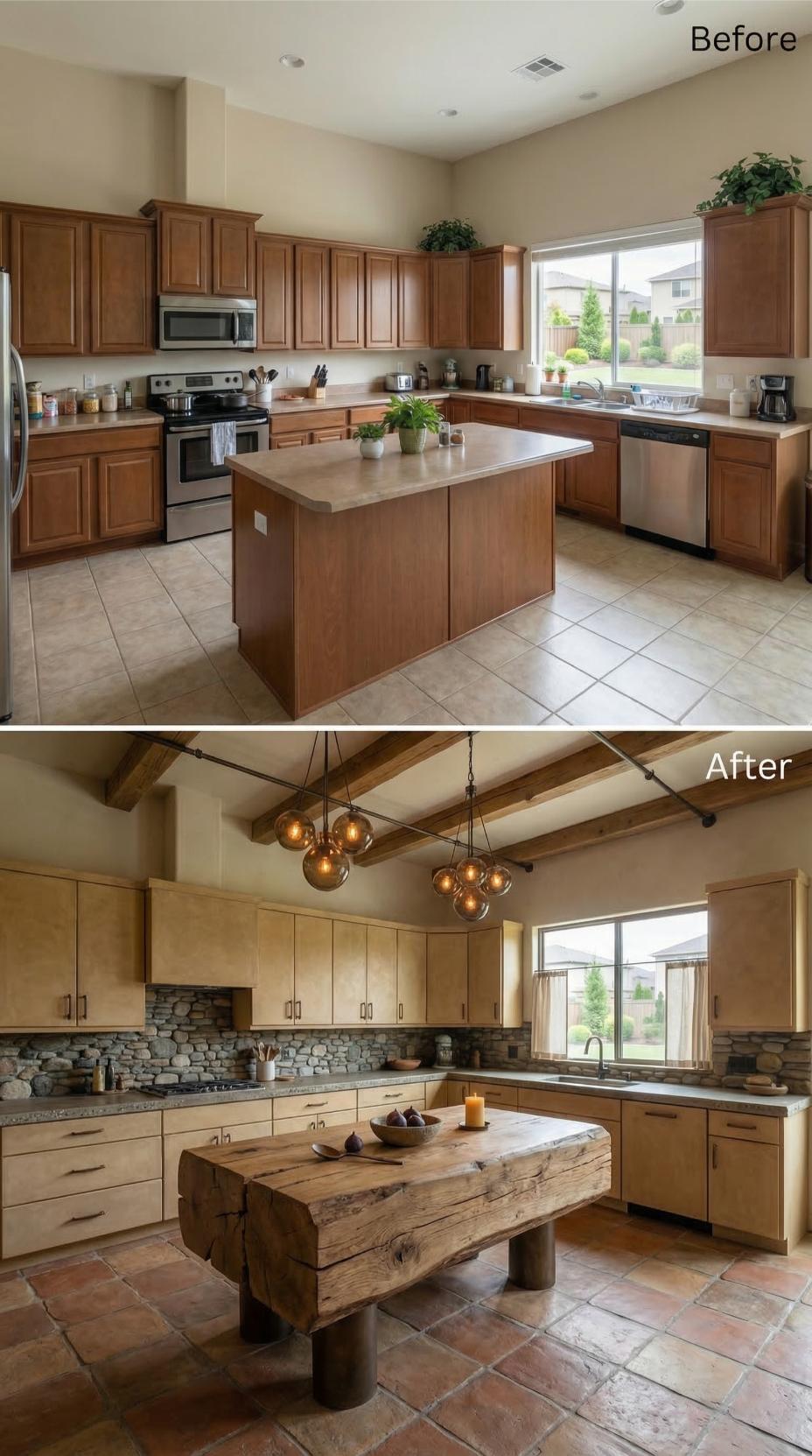 Vaulted Timber Beams and Stacked Stone Backsplash With Reclaimed Wood Island