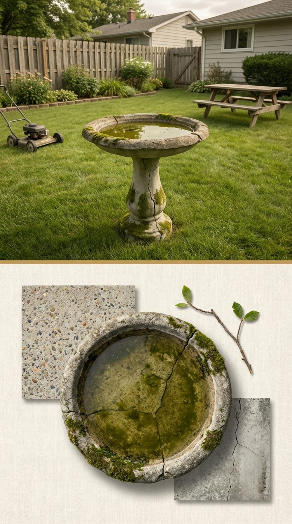 The Concrete Birdbath at Exact Shin Height in the Middle of the Yard