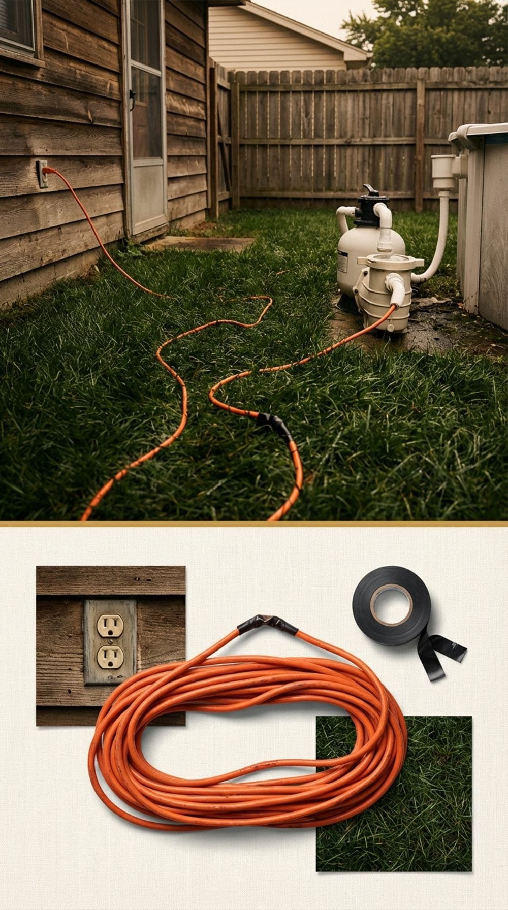 The Outdoor Electrical Extension Cord Running Through the Wet Grass to the Pool