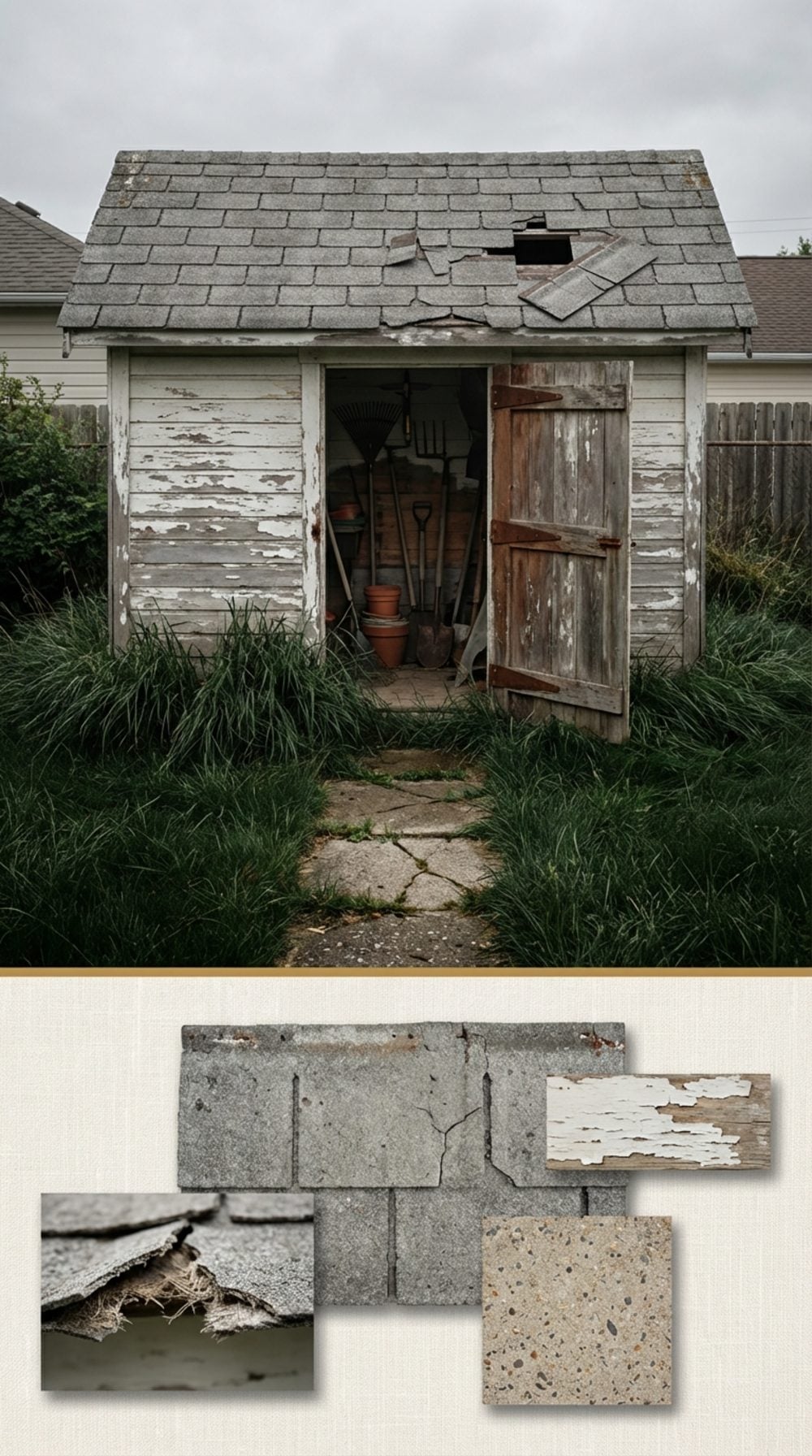 The Deteriorating Asbestos Shingles on the Tool Shed the Kids Kept Breaking