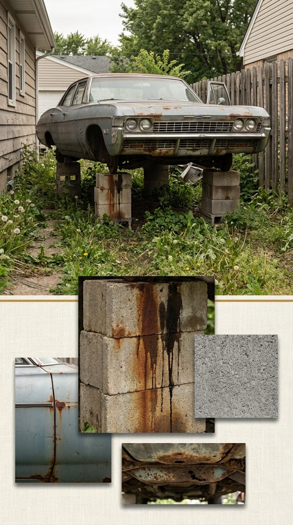 The Old Car Propped on Cinder Blocks at the Side of the House Since 1974