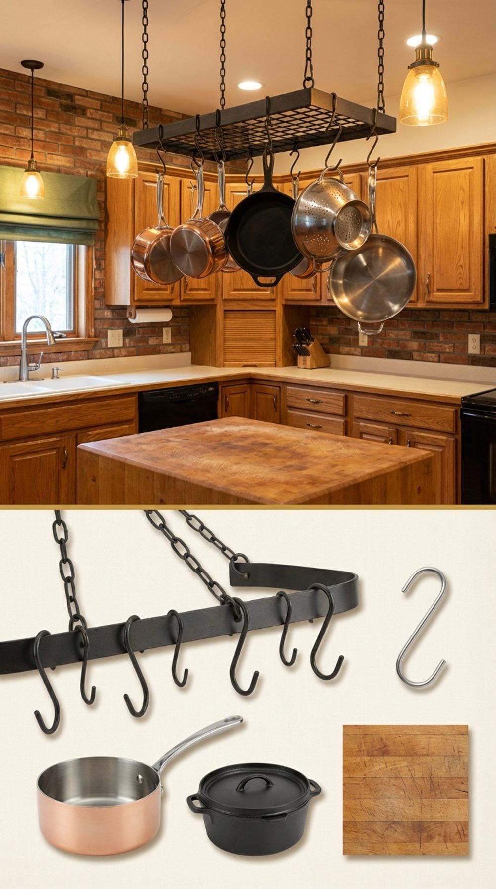 The Overhead Pot Rack Above the Island, Hung From the Ceiling