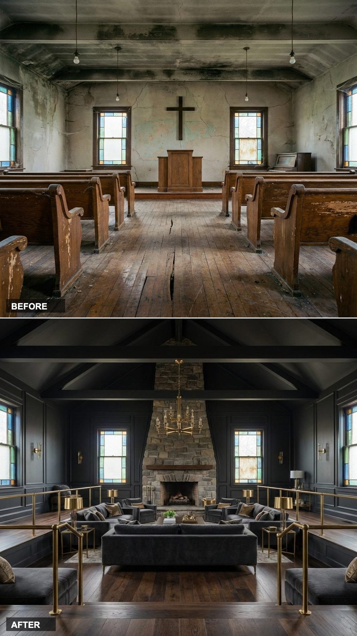 Sunken Living Room, Stone Fireplace, Stained Glass Still Burning Overhead