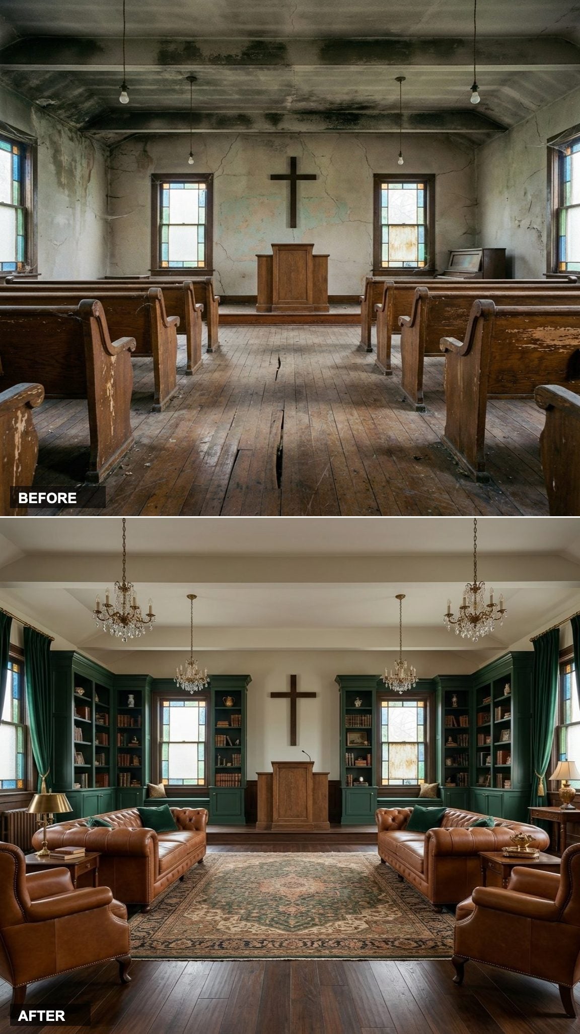 Dark Walnut, Forest Green Built-Ins, and a Library Where the Pulpit Used to Be