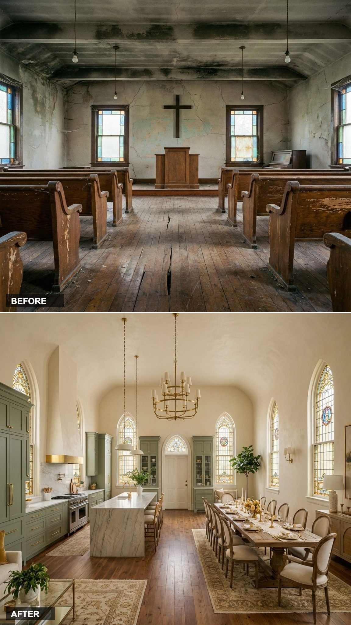 Sage Green Cabinetry and a Twelve-Seat Dining Table Beneath the Original Arches