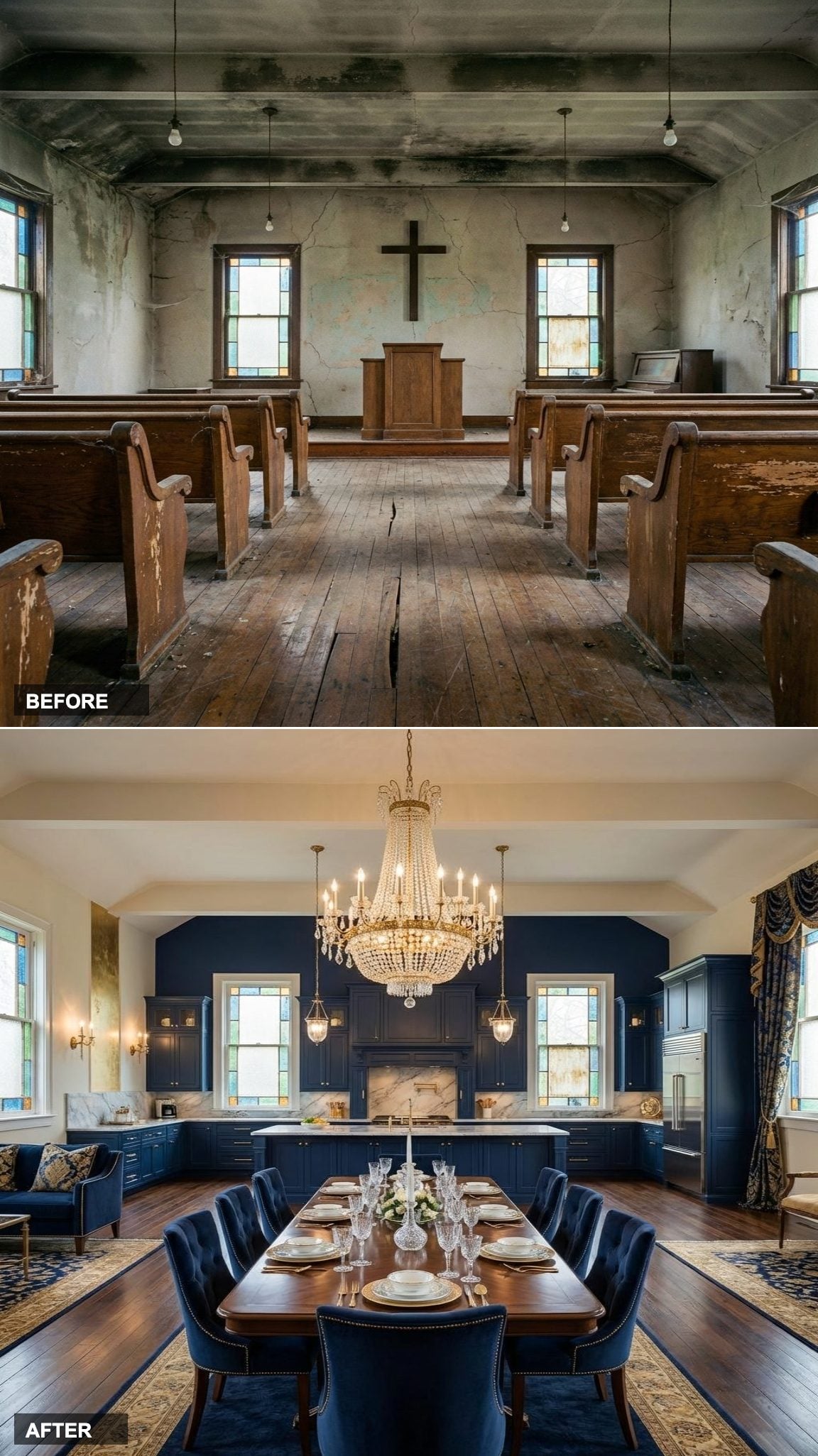 Navy Cabinetry, Crystal Chandelier, and a Formal Dining Room with Actual Gravity