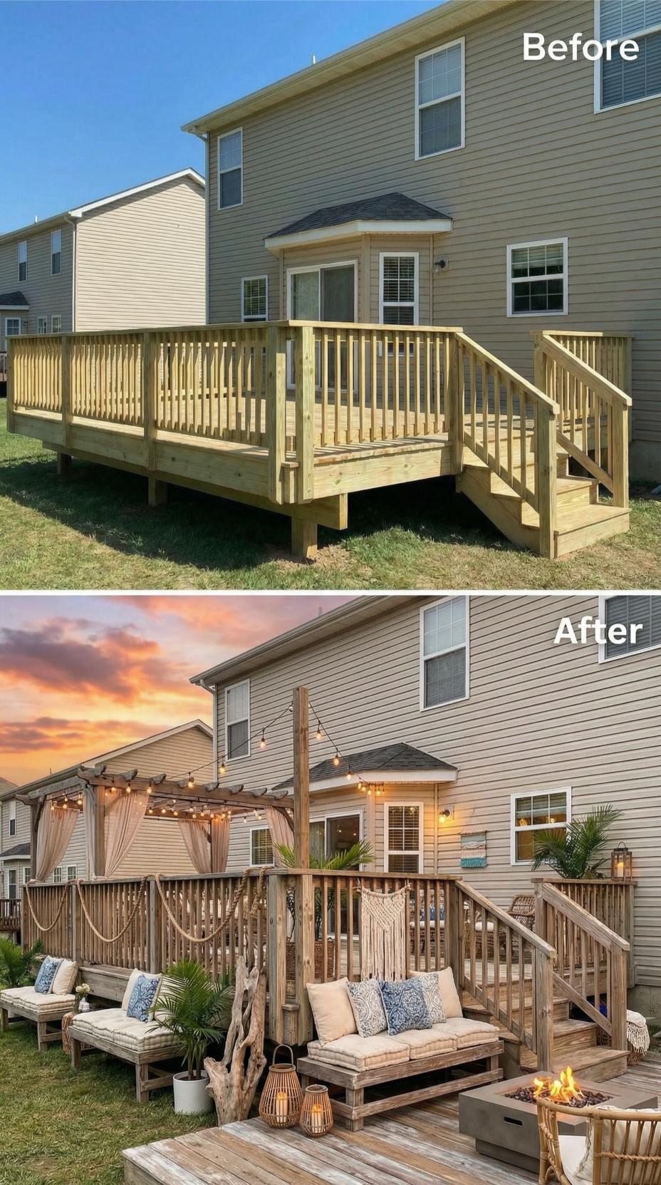 Bohemian Deck Makeover with Pergola, String Lights, and Fire Pit Lounge