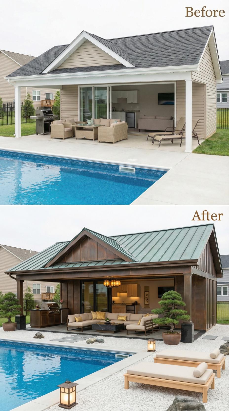Patinated Blue-Green Metal Roof Caps Japanese-Inspired Poolside Pavilion