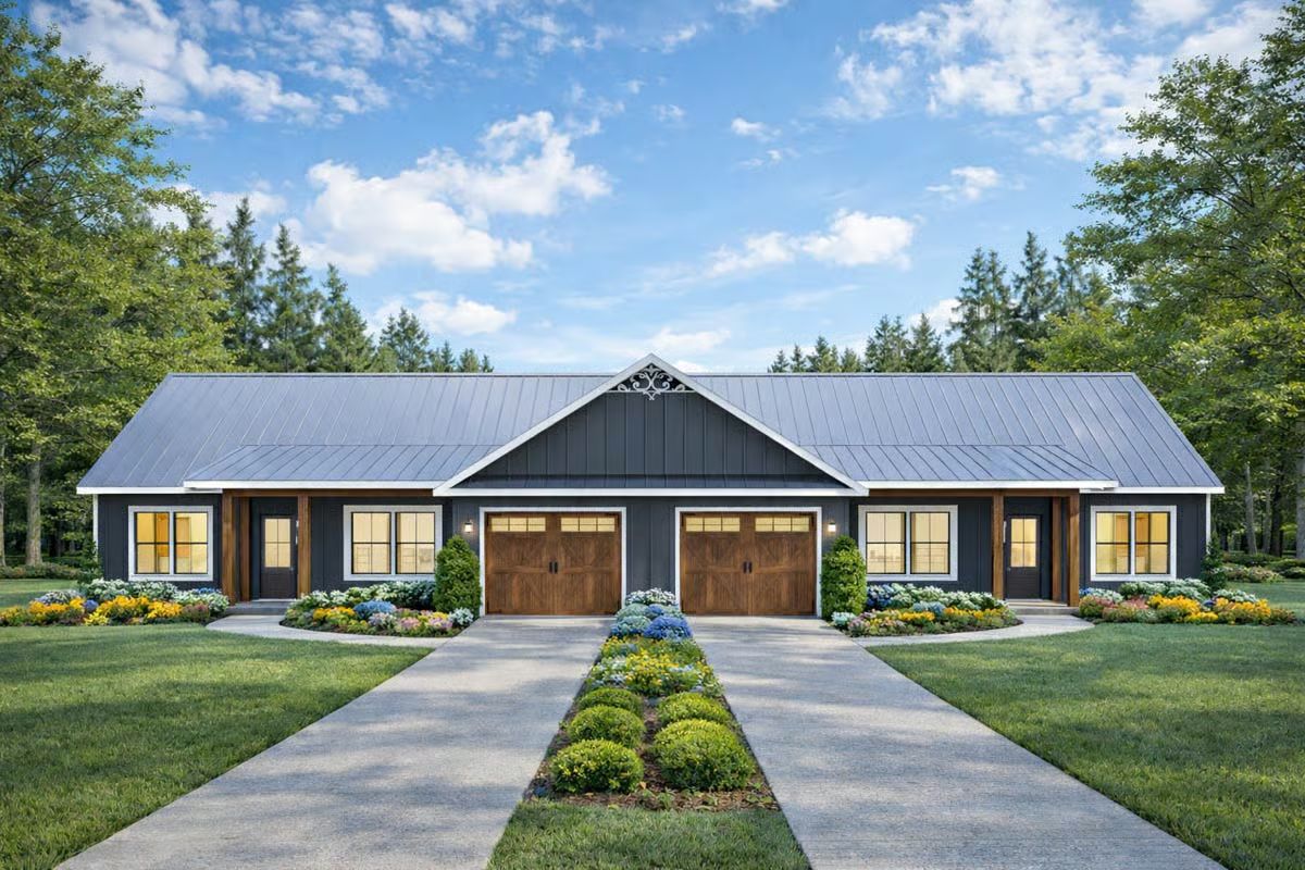 Ranch-Style Duplex with 3-Bed Units and a Front Porch (Floor Plan)