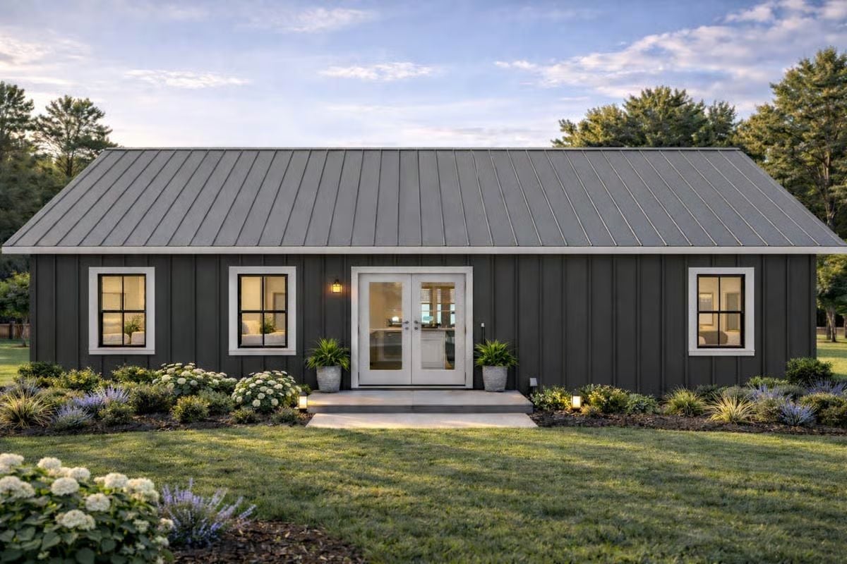 Dark Charcoal Board-and-Batten Ranch with Metal Roof and White-Trimmed Entry