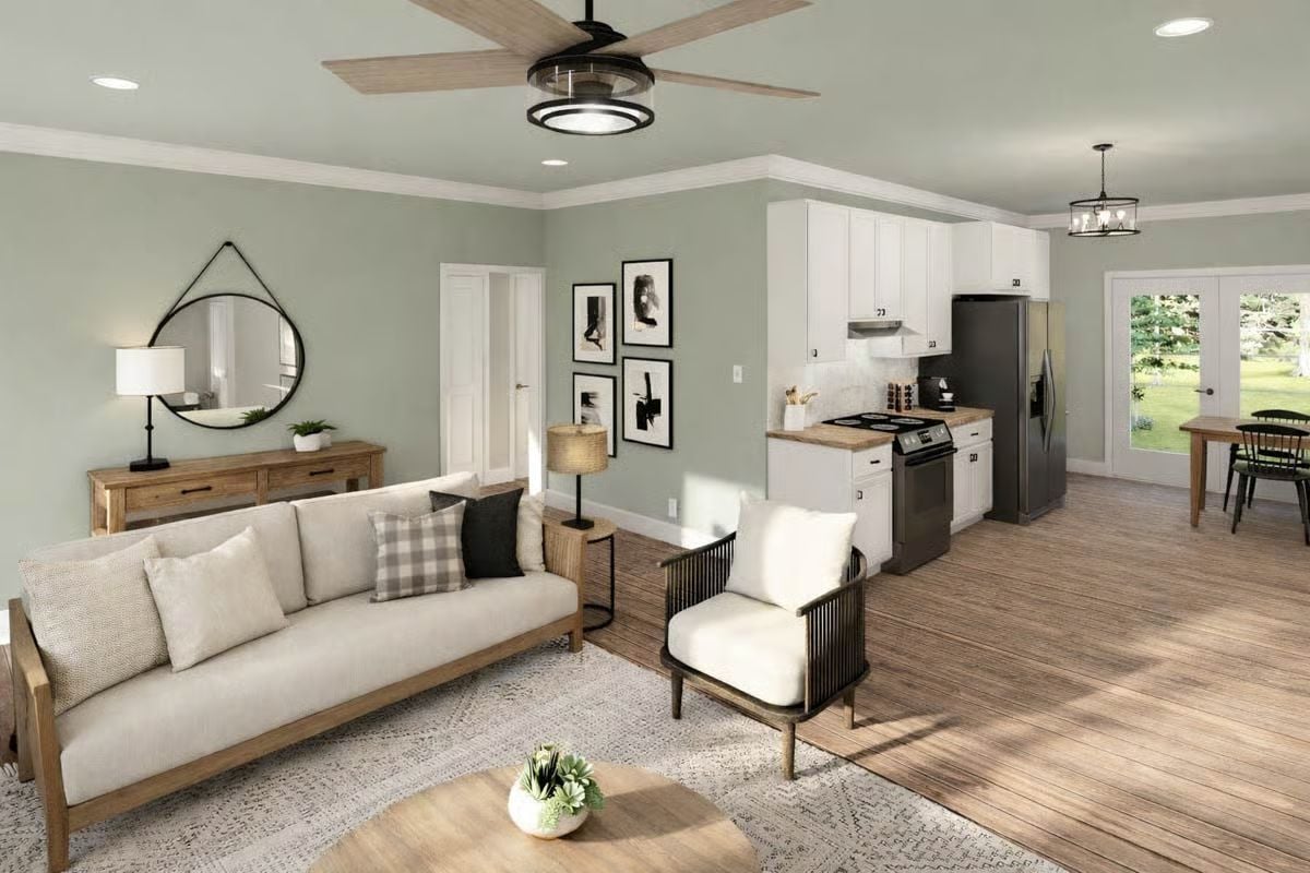 Open-Concept Living with Sage Walls and Natural Wood Accents