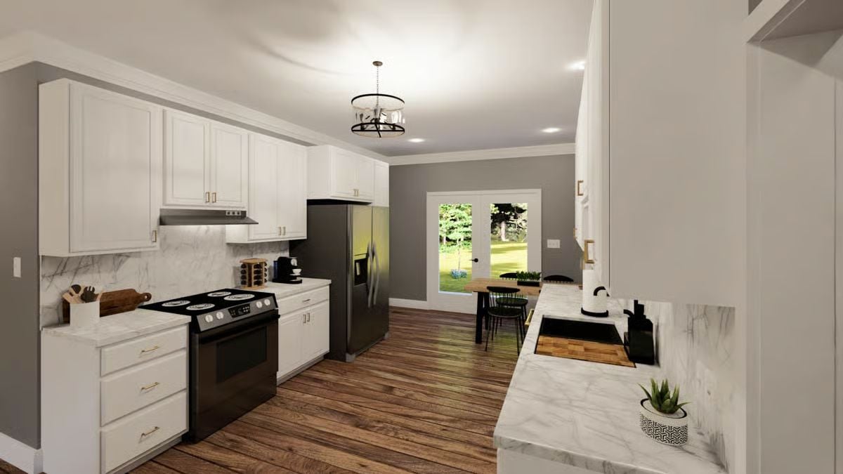 Bright Kitchen with White Shaker Cabinets and Marble Countertops