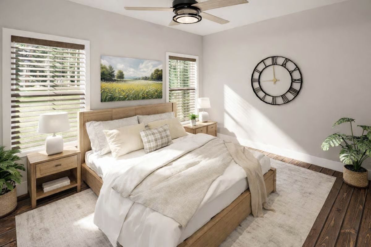 Serene Bedroom with Rustic Wood Furniture and Roman Numerals Clock