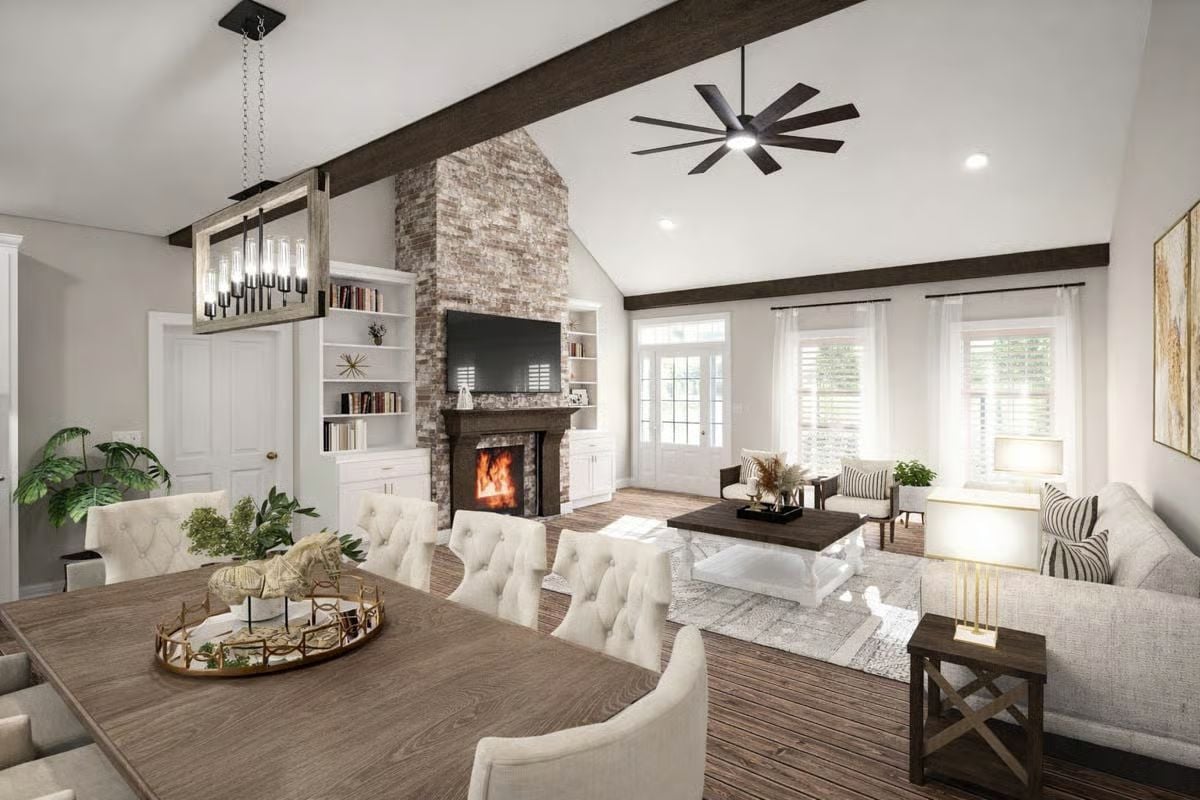 Brick Fireplace and Built-Ins Anchor an Open Living and Dining Space
