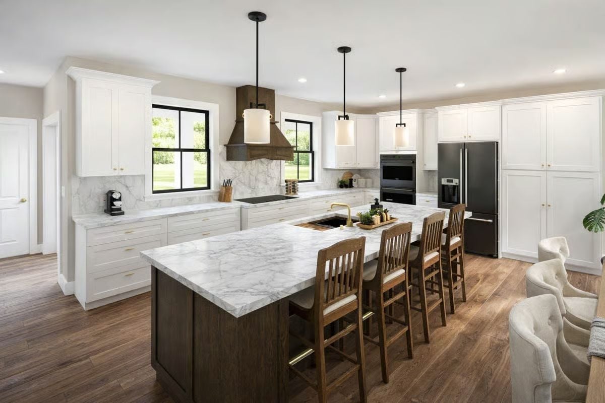 Marble Countertops and Dark Wood Island Steal the Show in This Farmhouse Kitchen