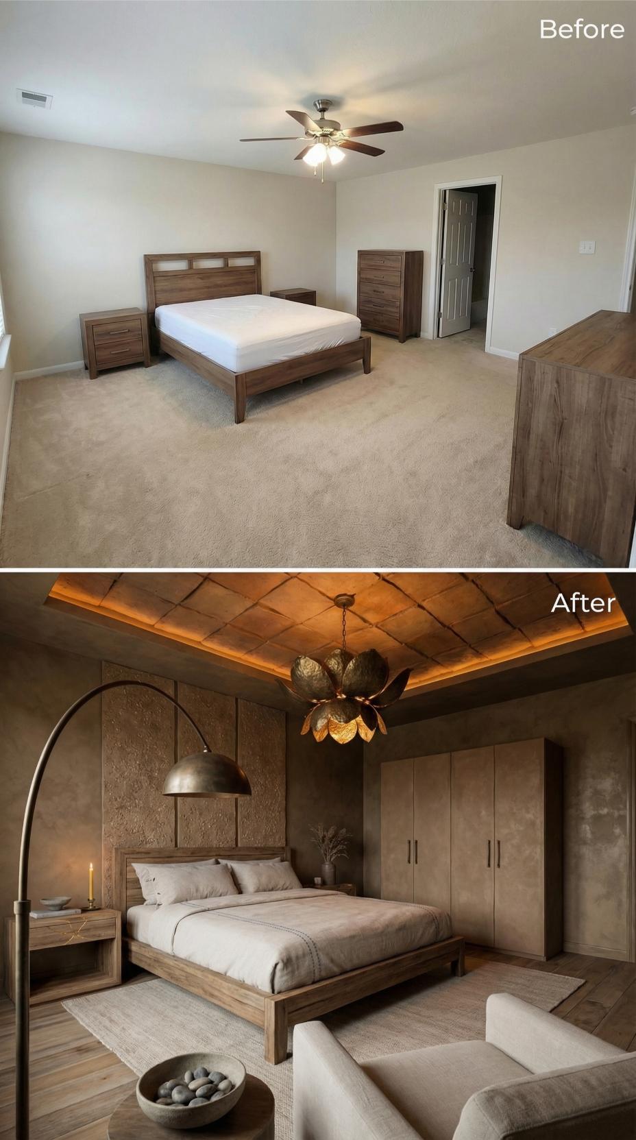 Diagonal Plank Ceiling and Floating Lotus Chandelier Command Tonal Warmth