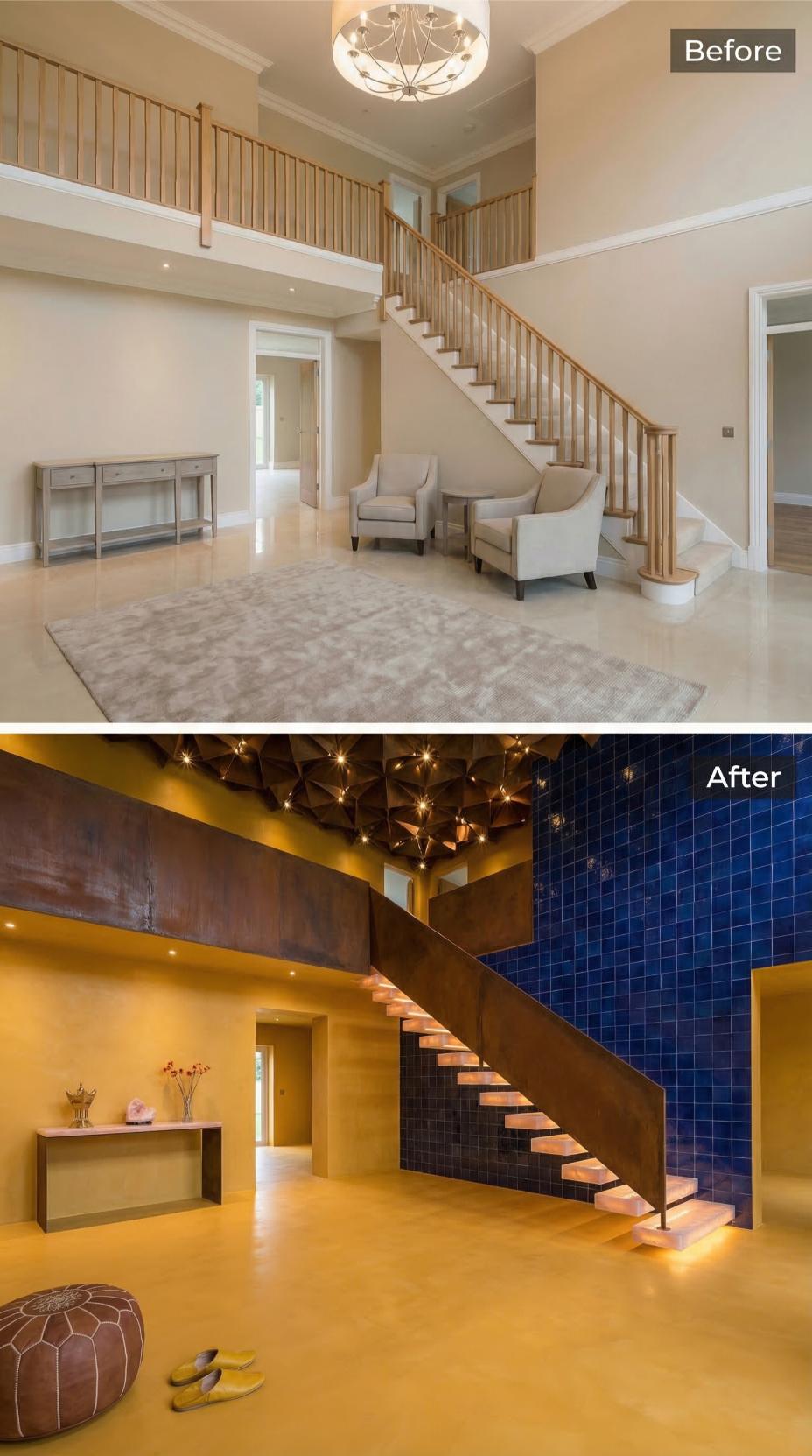 Corten Steel Balustrades, Cobalt Zellige Walls, and a Geometric Folded Ceiling Buried Oak and Beige