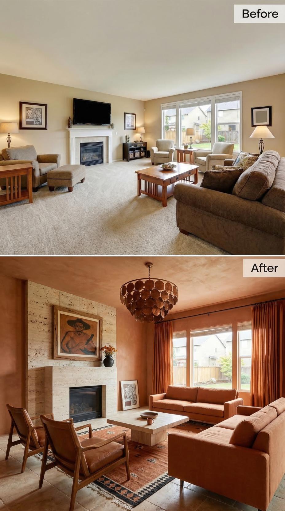 Terracotta Plaster Walls and a Travertine Fireplace Surround Closed the Carpet Era
