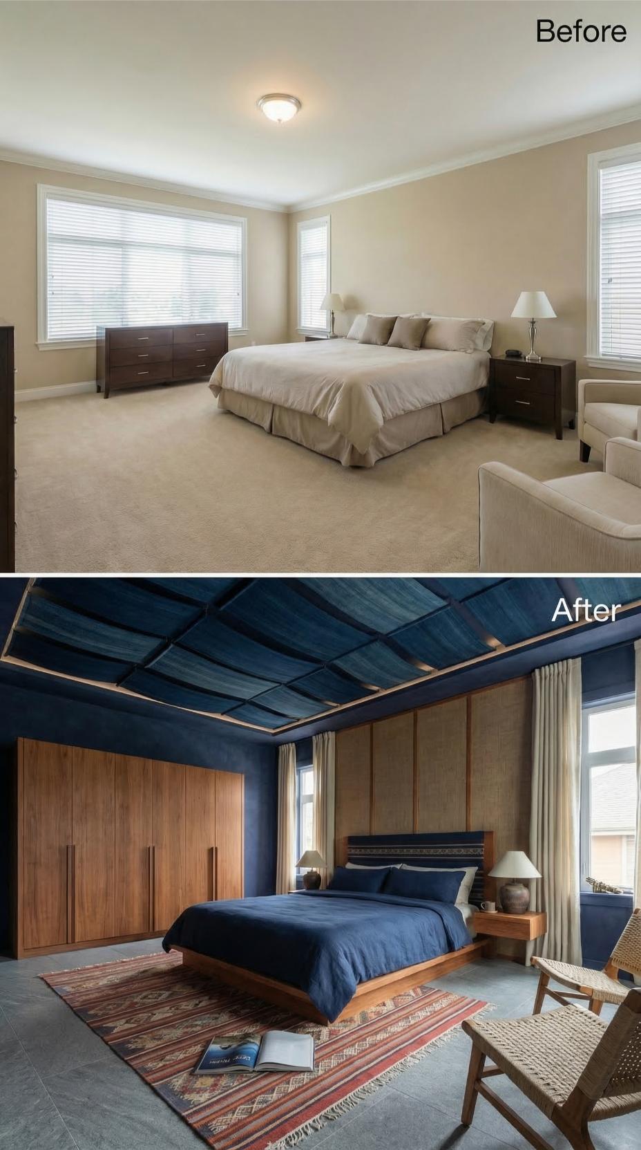 Navy Fabric Ceiling Panels and Walnut Wardrobes Replaced Beige Carpet and a Flush Mount