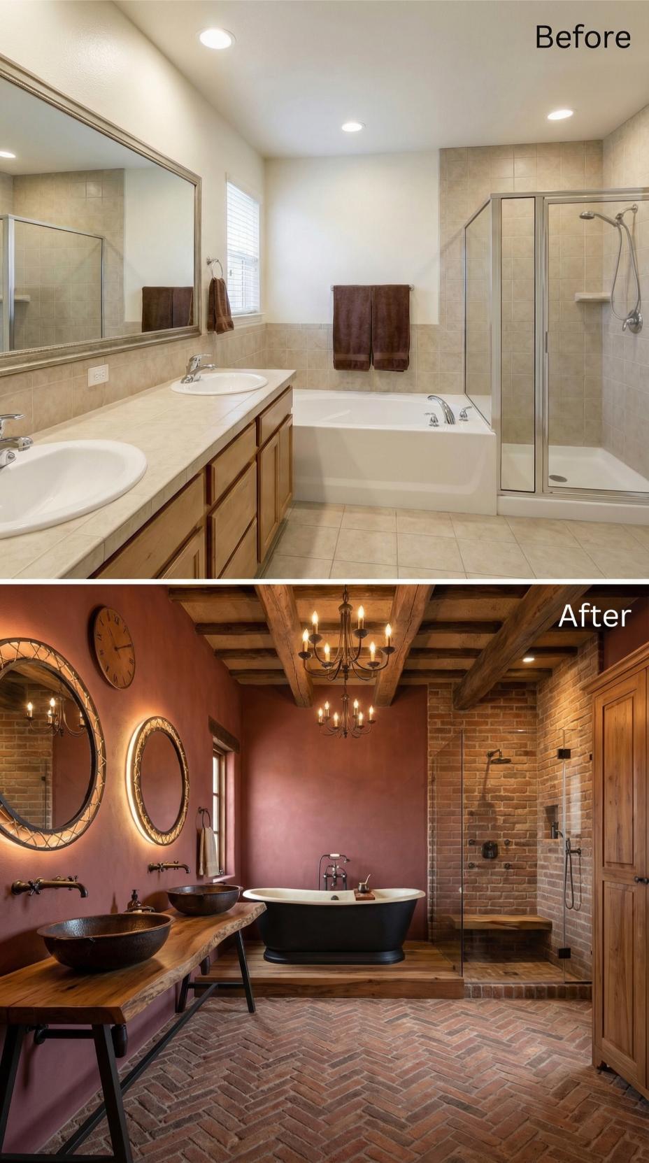 Brick Herringbone, Copper Vessel Sinks, and Exposed Beams Replaced Every Beige Surface