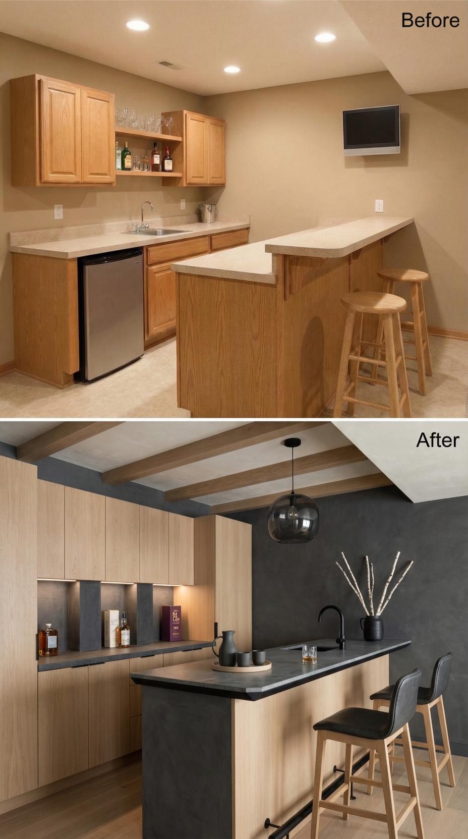 Blonde Wood Veneer and Charcoal Plaster Accent Wall Anchor Modern Bar