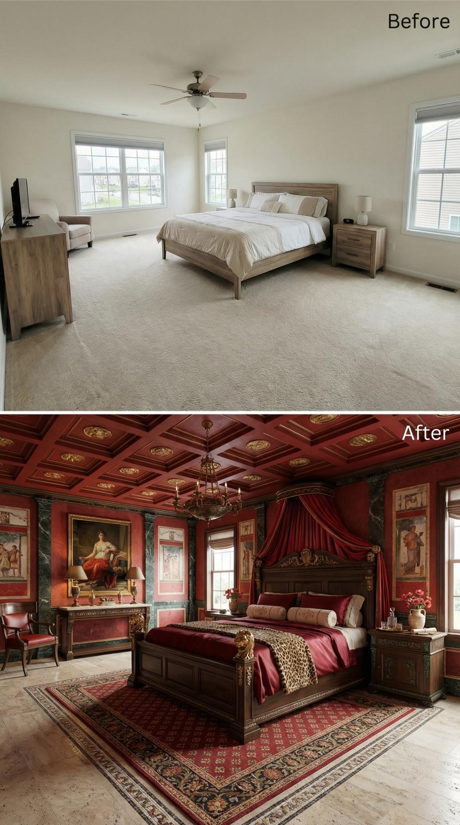 Red Lacquered Coffered Ceiling, Roman Fresco Panels, and a Carved Canopy Bed Draped in Crimson Silk
