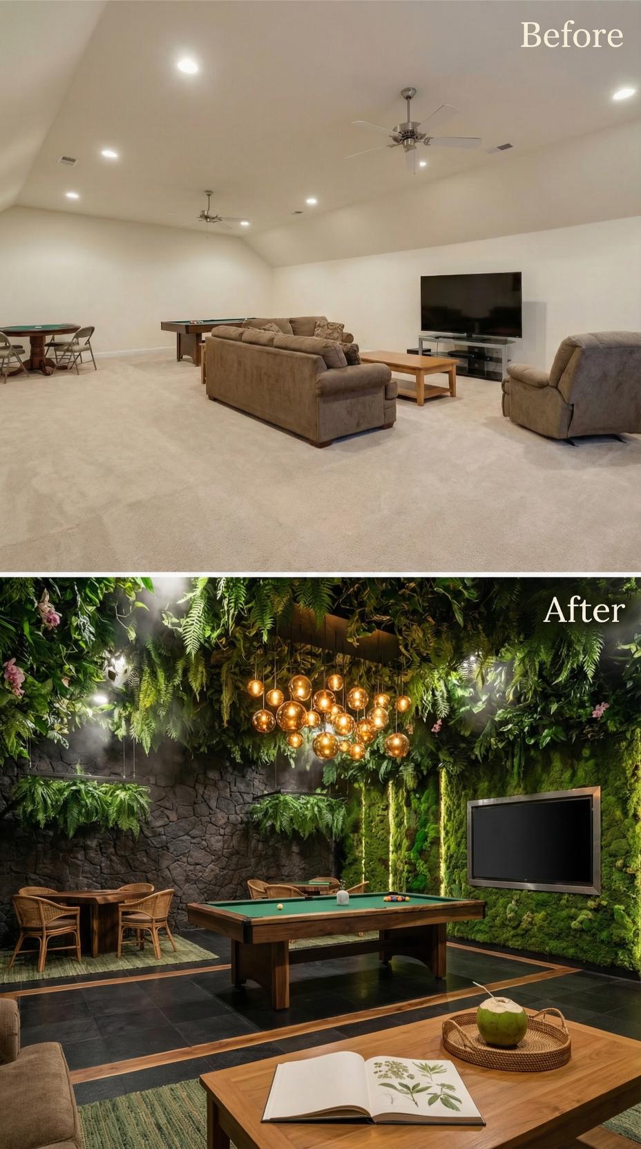 Tropical Jungle Grotto with Living Wall Moss and Globe Chandelier