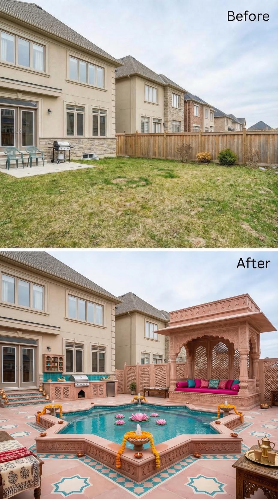 Mughal-Style Pavilion, Star-Pattern Fountain Pool, and Carved Sandstone Replace a Builder Yard
