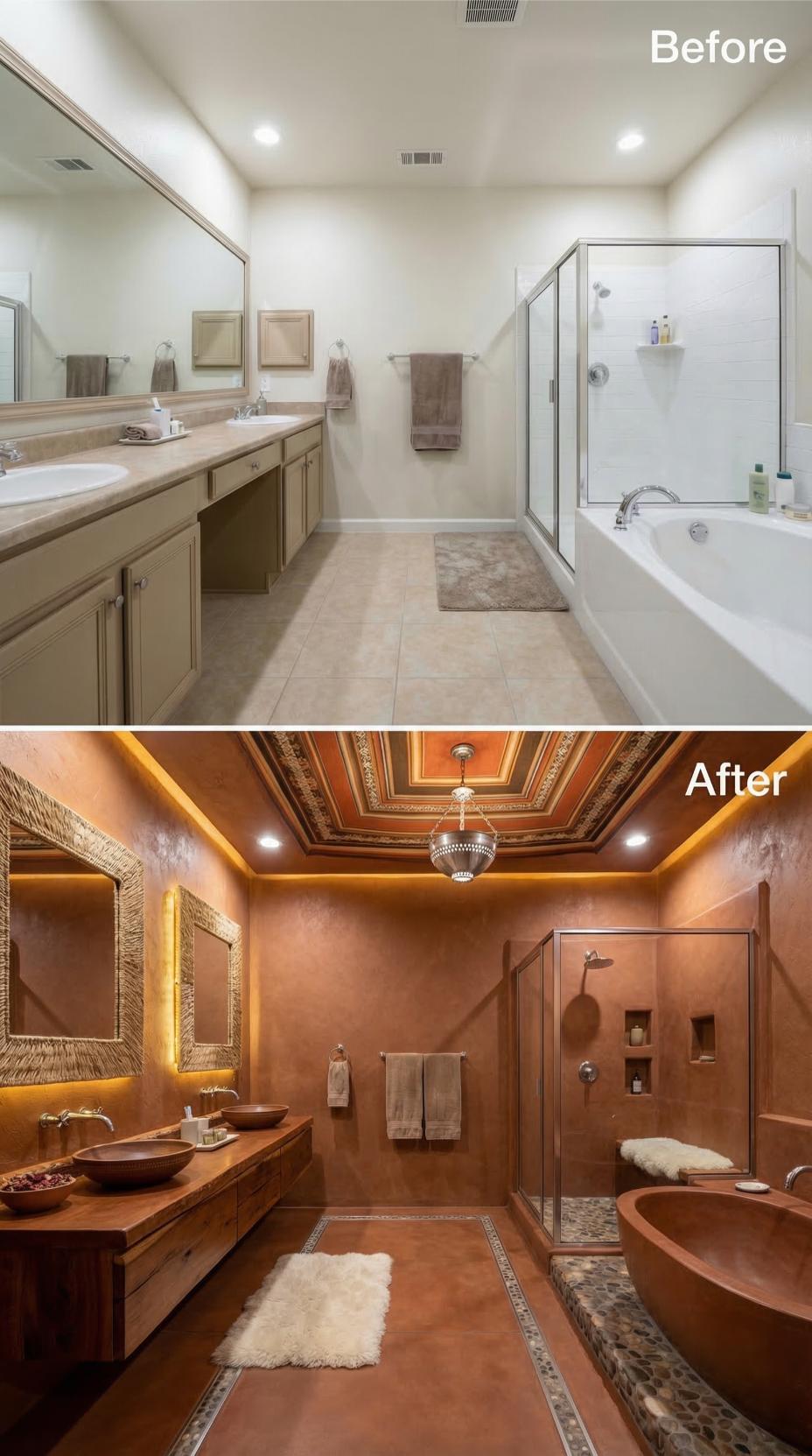 Tadelakt Walls, a Painted Tray Ceiling, and Copper Vessel Sinks Replaced Beige Cabinetry