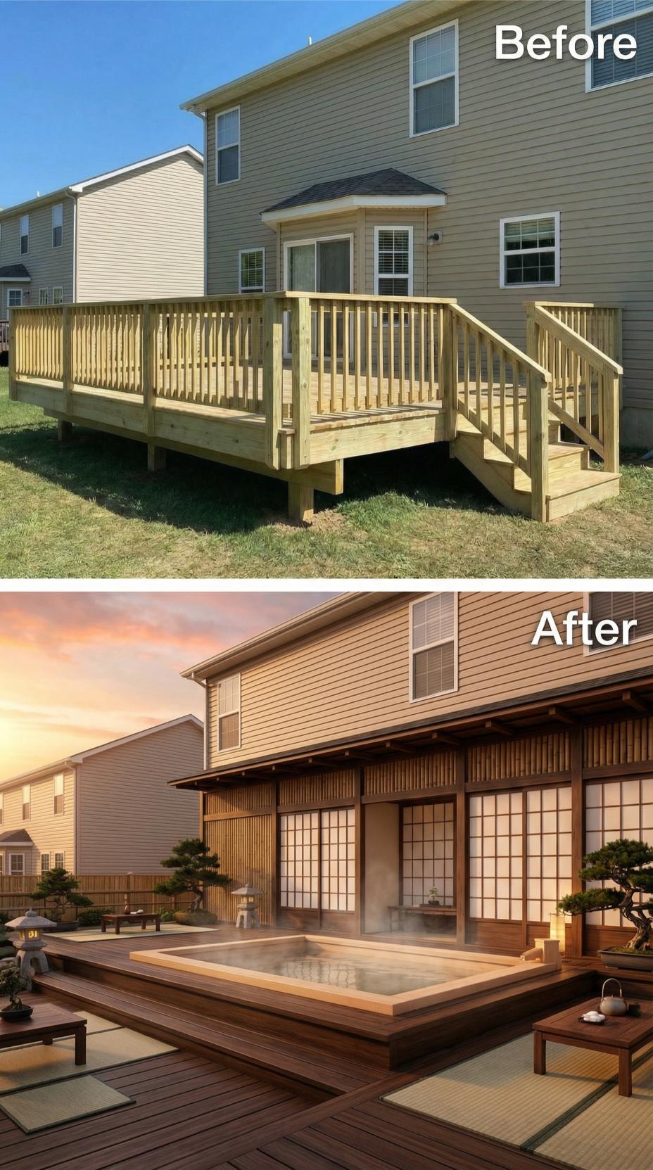 Japanese-Inspired Soaking Tub Deck with Shoji Screens and Dark Stained Wood