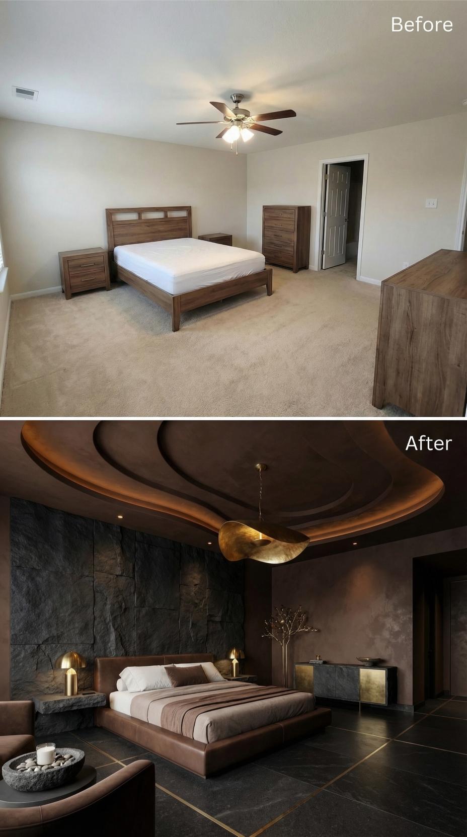 Curved Plaster Ceiling and Stacked Stone Wall Install Moody Luxury