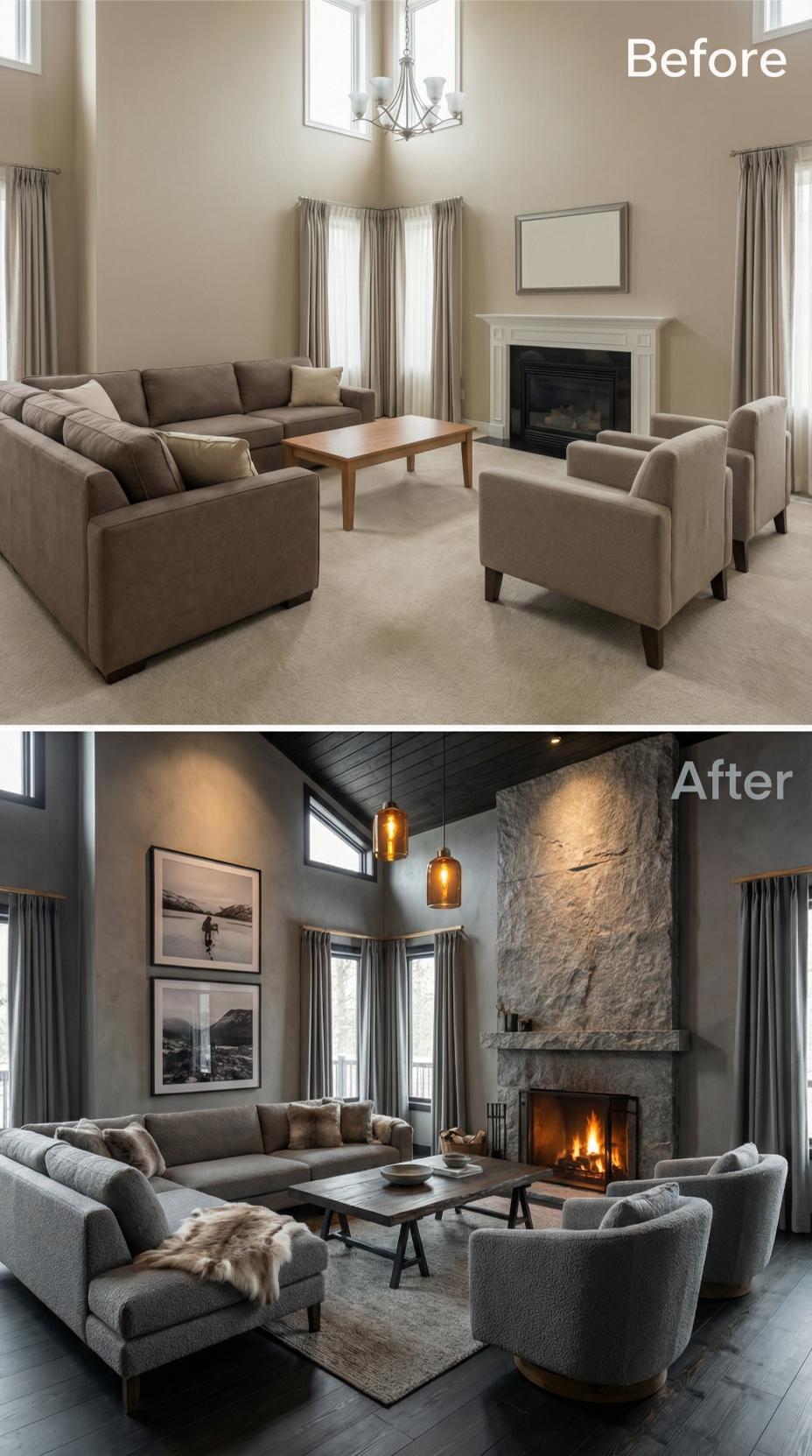 Stacked Stone Chimney and Charcoal Pendant Lights Abolish Beige