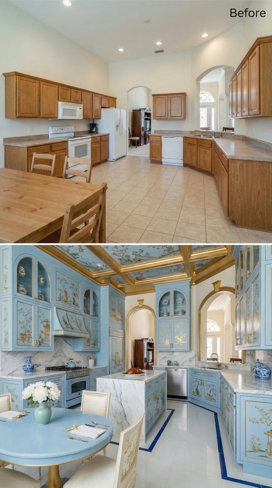 Chinoiserie-Painted Cabinets and Gold Coffered Ceiling Swap Builder Oak for Palace-Grade Blue