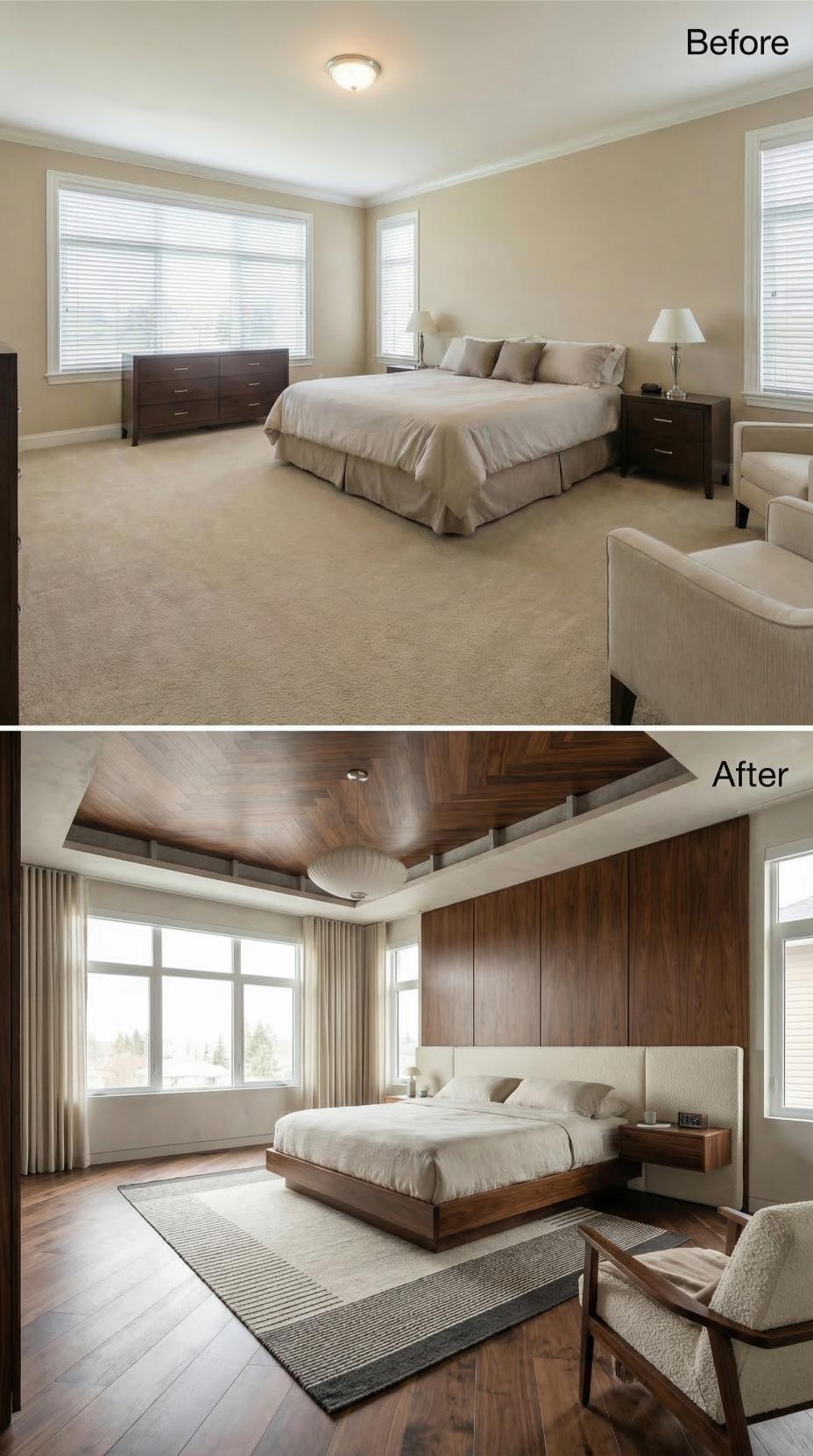 Walnut Ceiling Panels and Hardwood Floors Replaced Beige Carpet and a Flush Mount