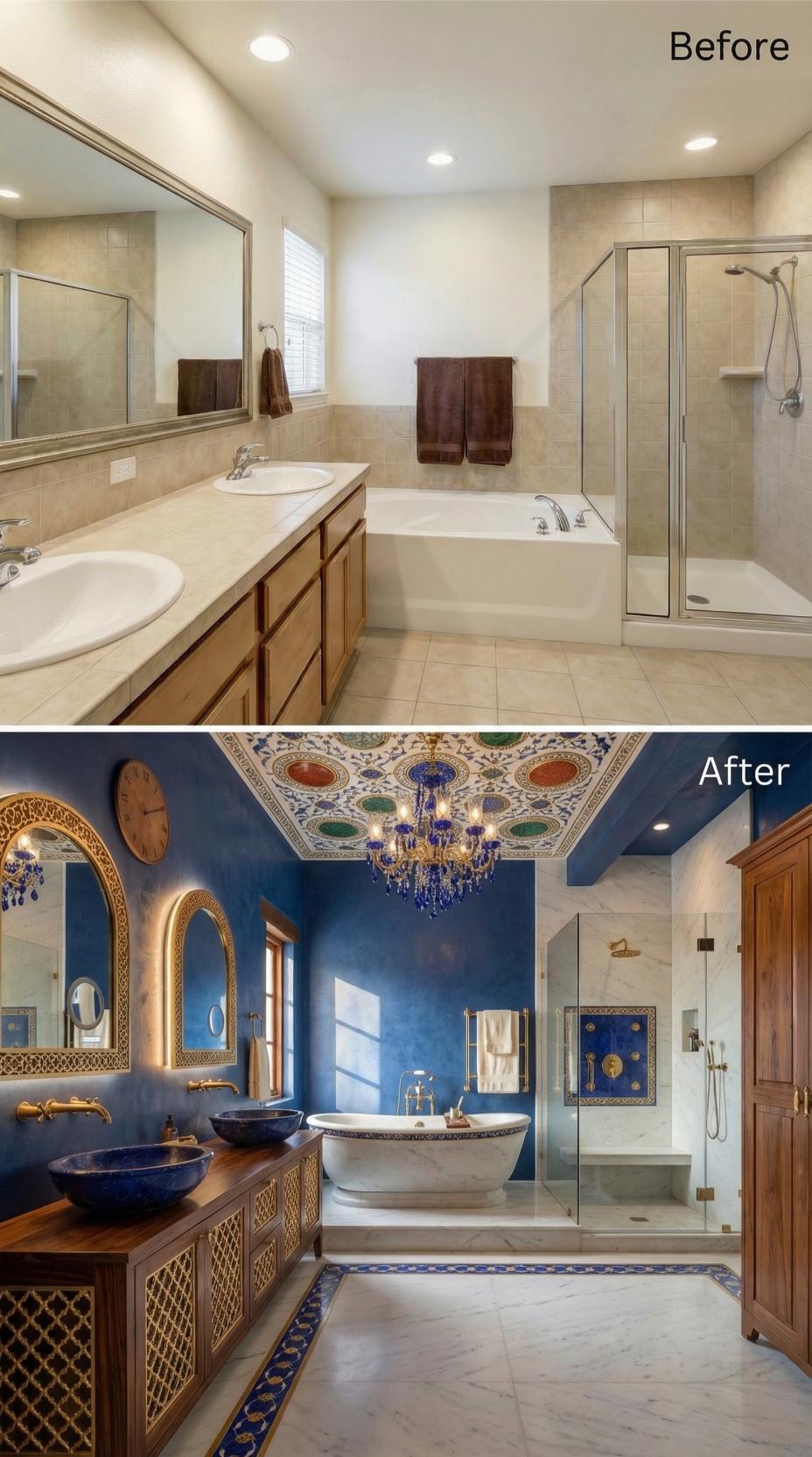 Cobalt Plaster Walls, a Blue Crystal Chandelier, and Moroccan Lattice Vanity Replaced Every Builder Surface