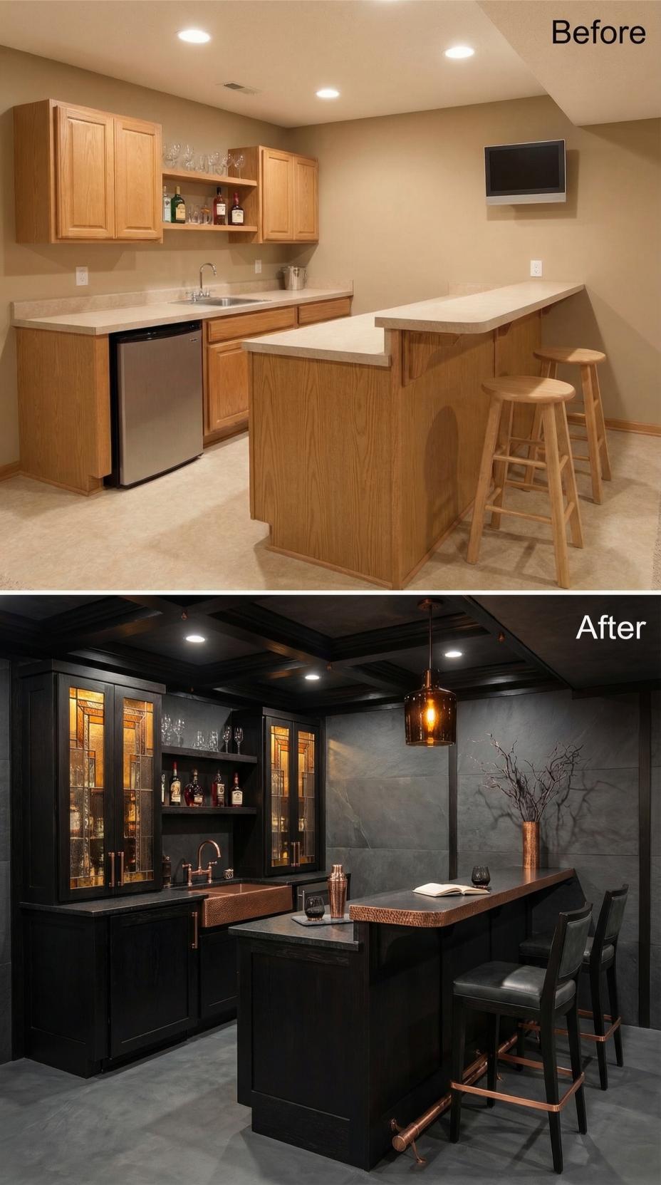 Black Coffered Ceiling and Copper Bar Details Replace Beige Basement