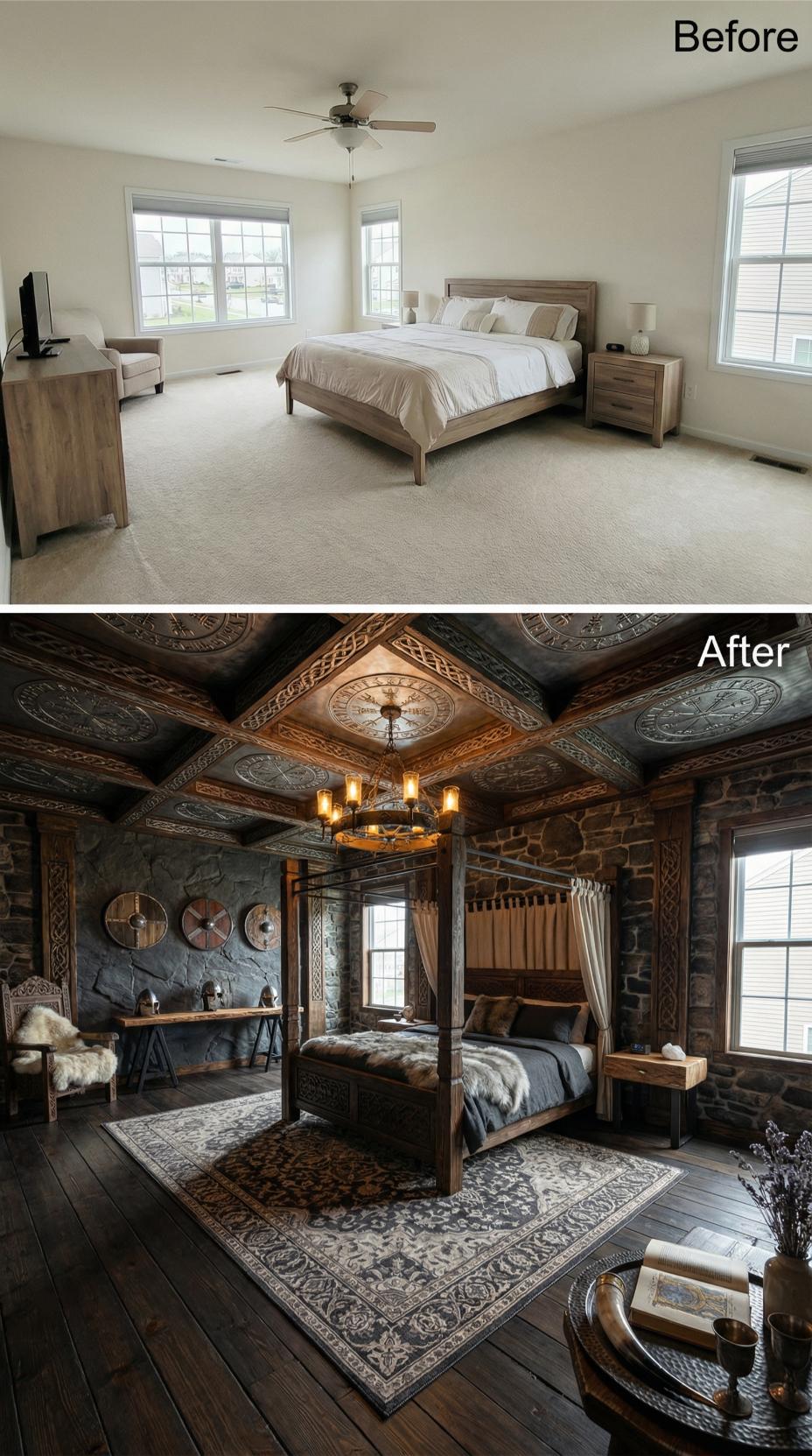 Viking Longhouse Ceiling Carvings, Stone Walls, and a Four-Poster Draped in Fur