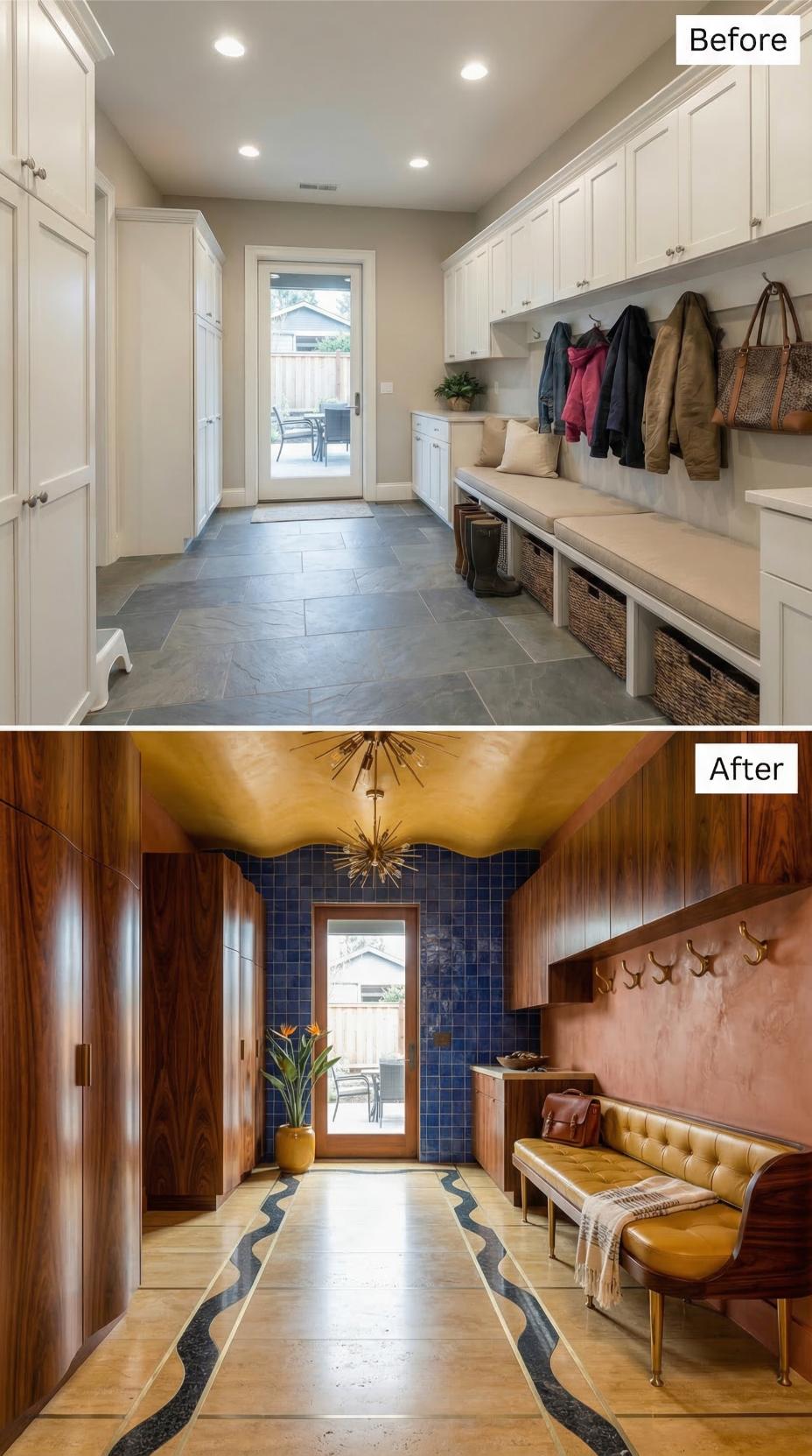 Gold Vaulted Ceiling and Navy Subway Tile Destroy Neutral Calm