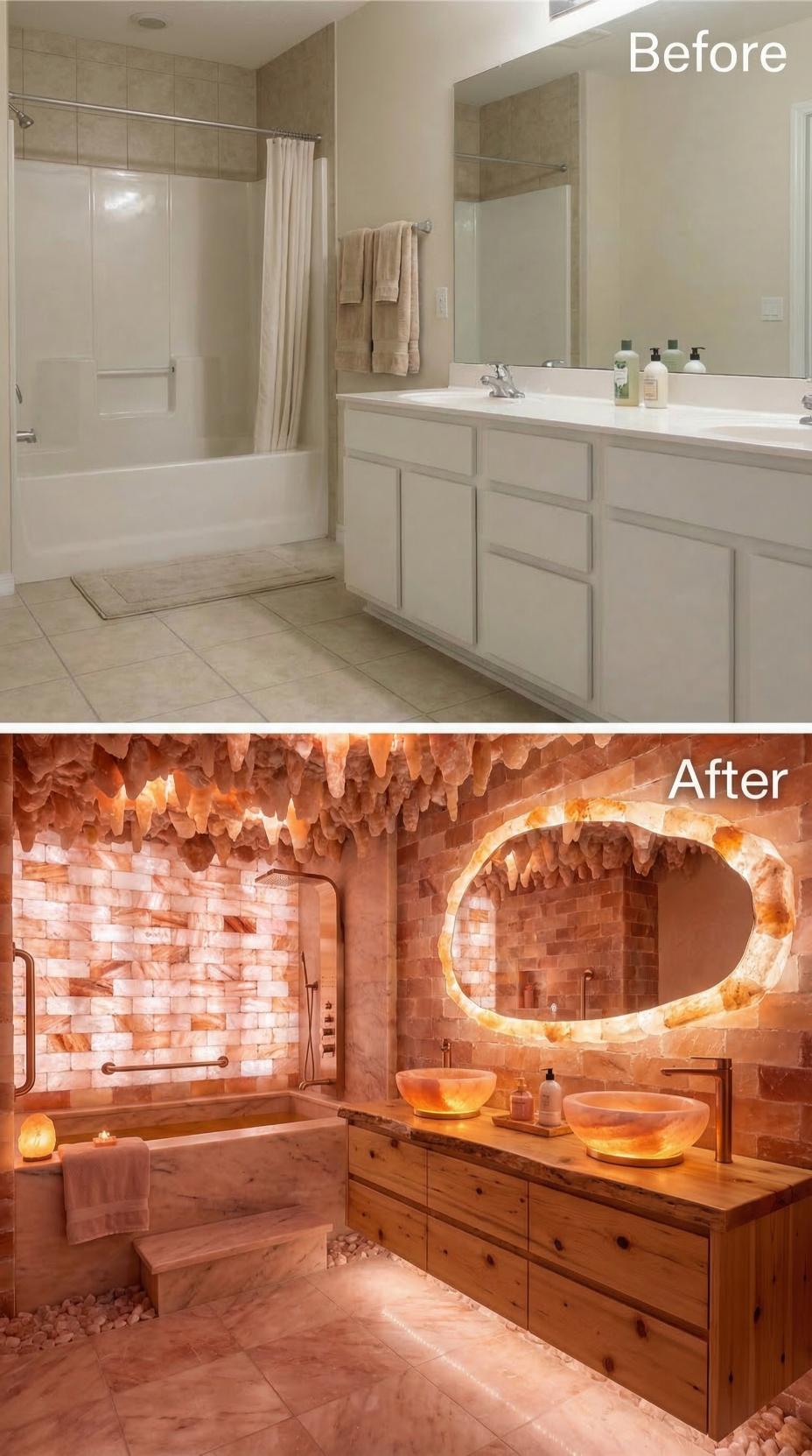 Himalayan Salt Brick Walls and Wood Vessel Sinks with Backlit Mirror