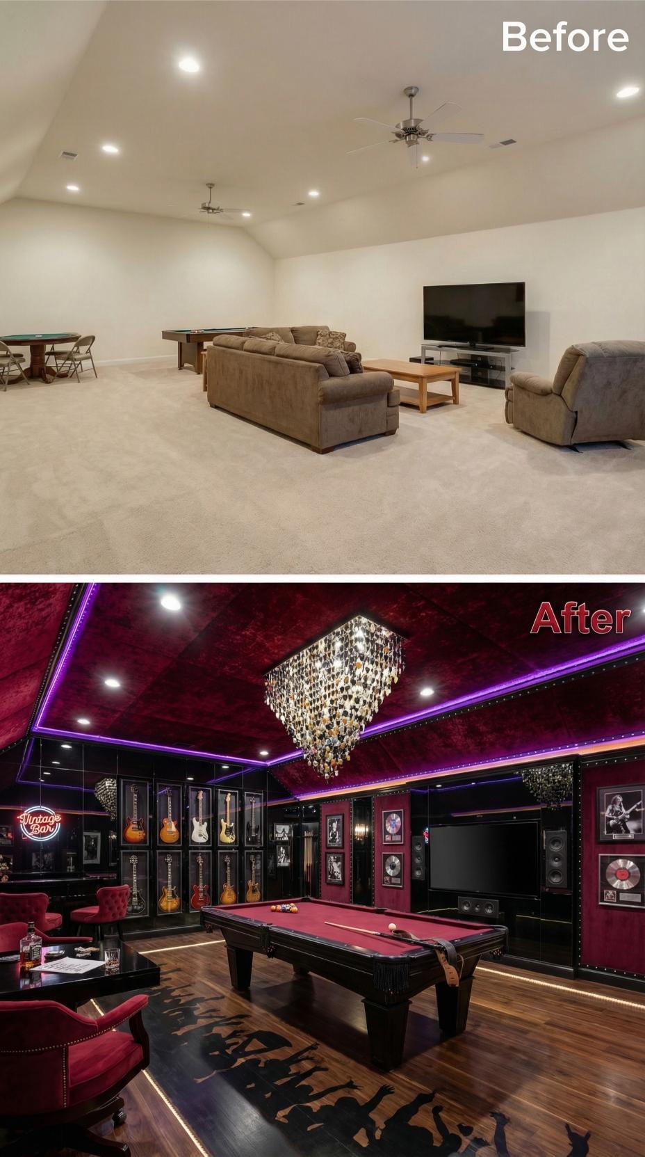Rock and Roll Lounge with Guitar Wall Display and Purple LED Trim