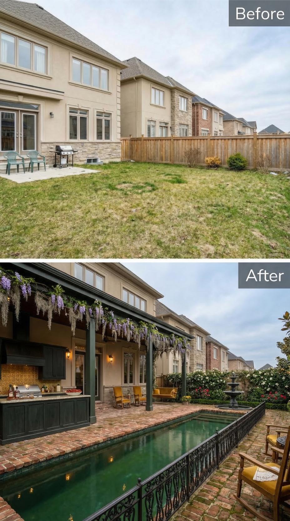 Wisteria Pergola, Lap Pool With Iron Railing, and Outdoor Kitchen Replace a Builder Lawn