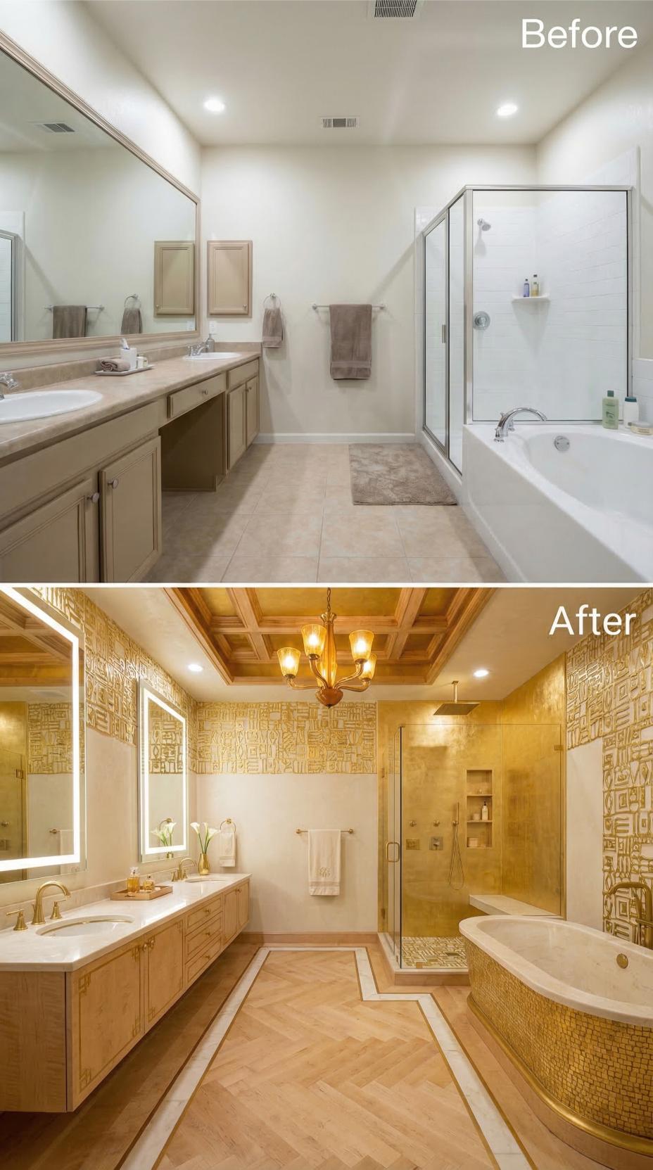 Gold Mosaic Tub Surround, Coffered Cedar Ceiling, and Patterned Wall Tile Replaced Beige Cabinetry