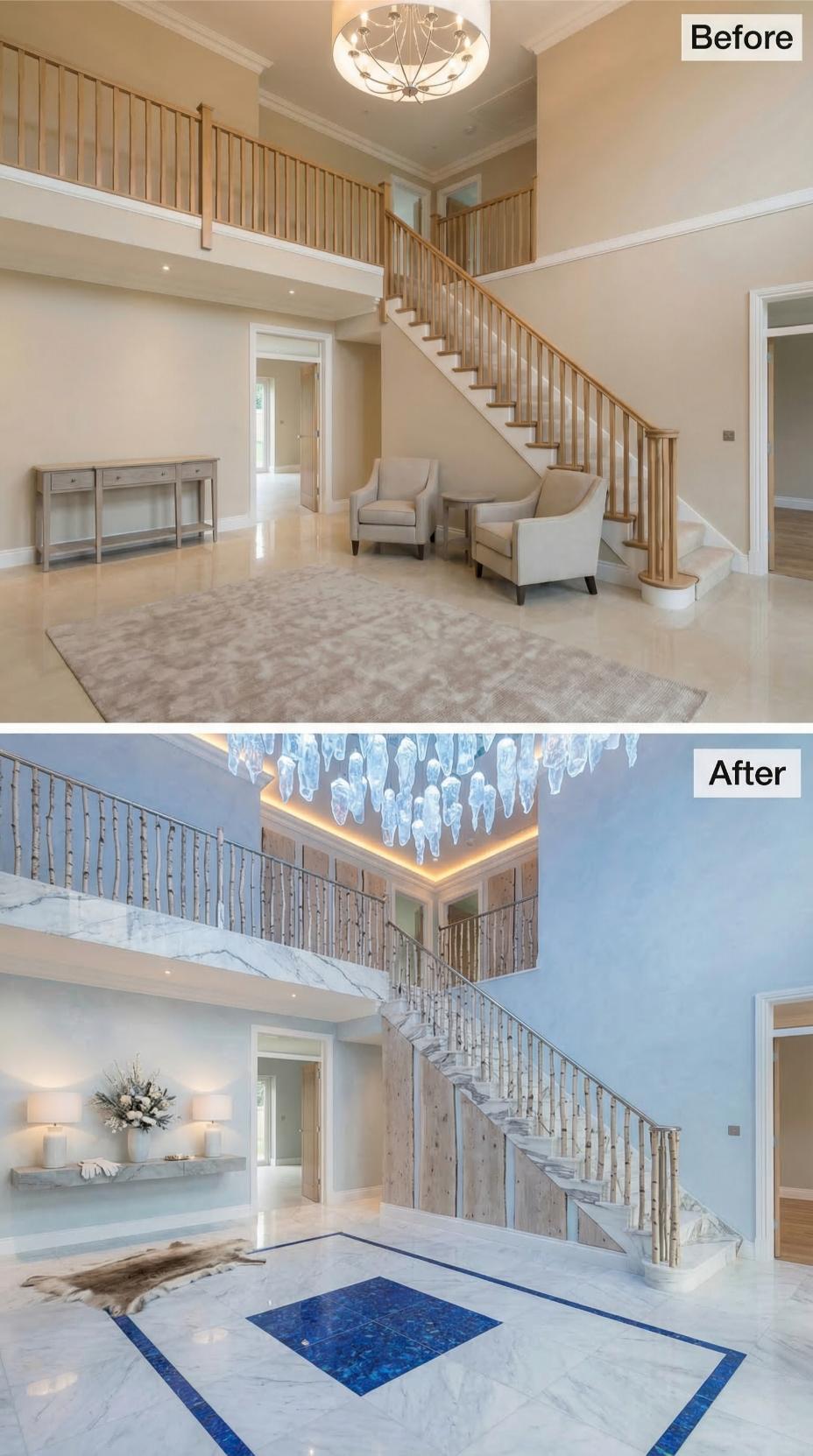 Birch-Branch Balustrades, Lapis Lazuli Floor Inlay, and a Crystal Chandelier Buried Oak and Beige