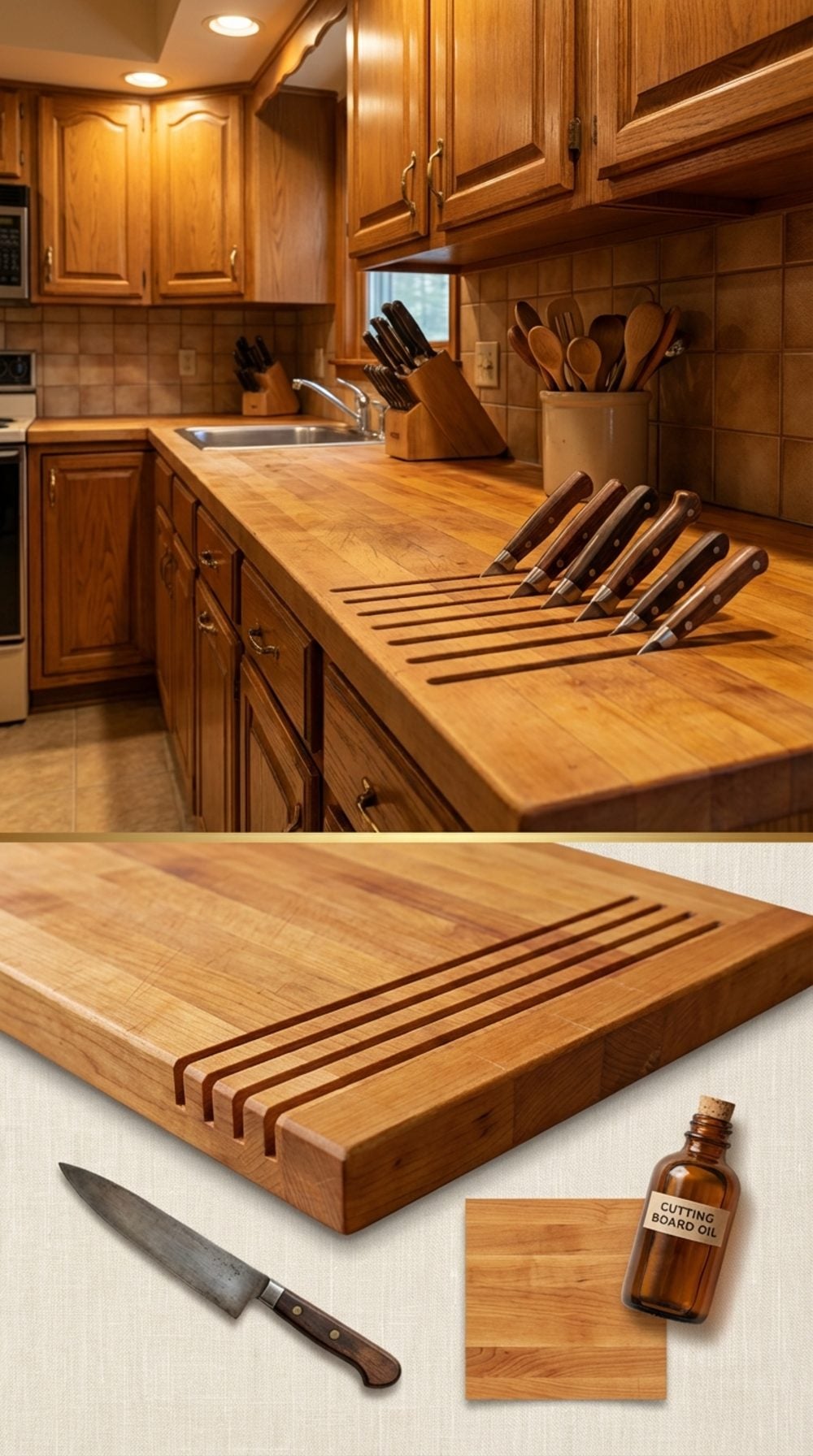 The Knife Block Slot Built Into the Wooden Countertop Edge