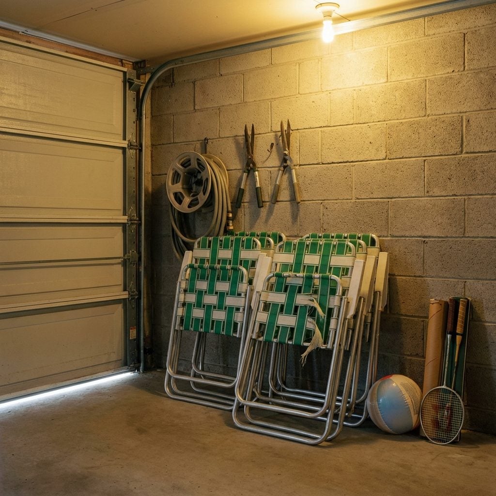 The Folding Aluminum Lawn Chairs Stored Along the Far Wall All Winter