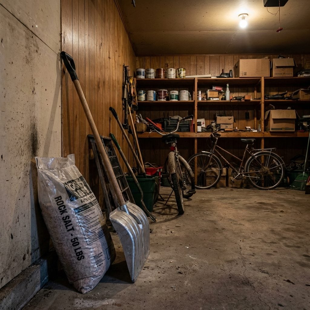 The Big Bag of Rock Salt Leaning Against the Garage Door All Winter